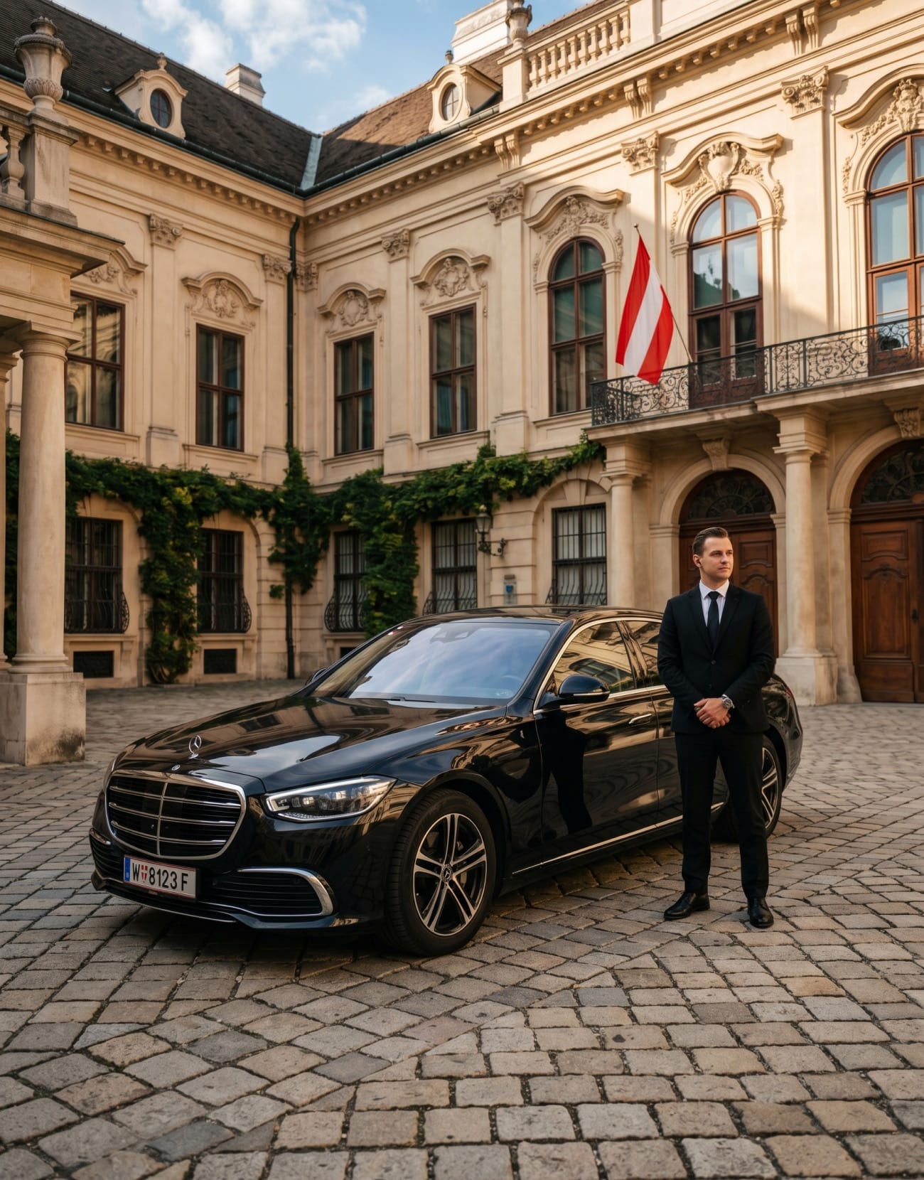 Chauffeur neben schwarzer Mercedes S-Klasse vor Wiener Stadtpalais mit Österreich-Flagge