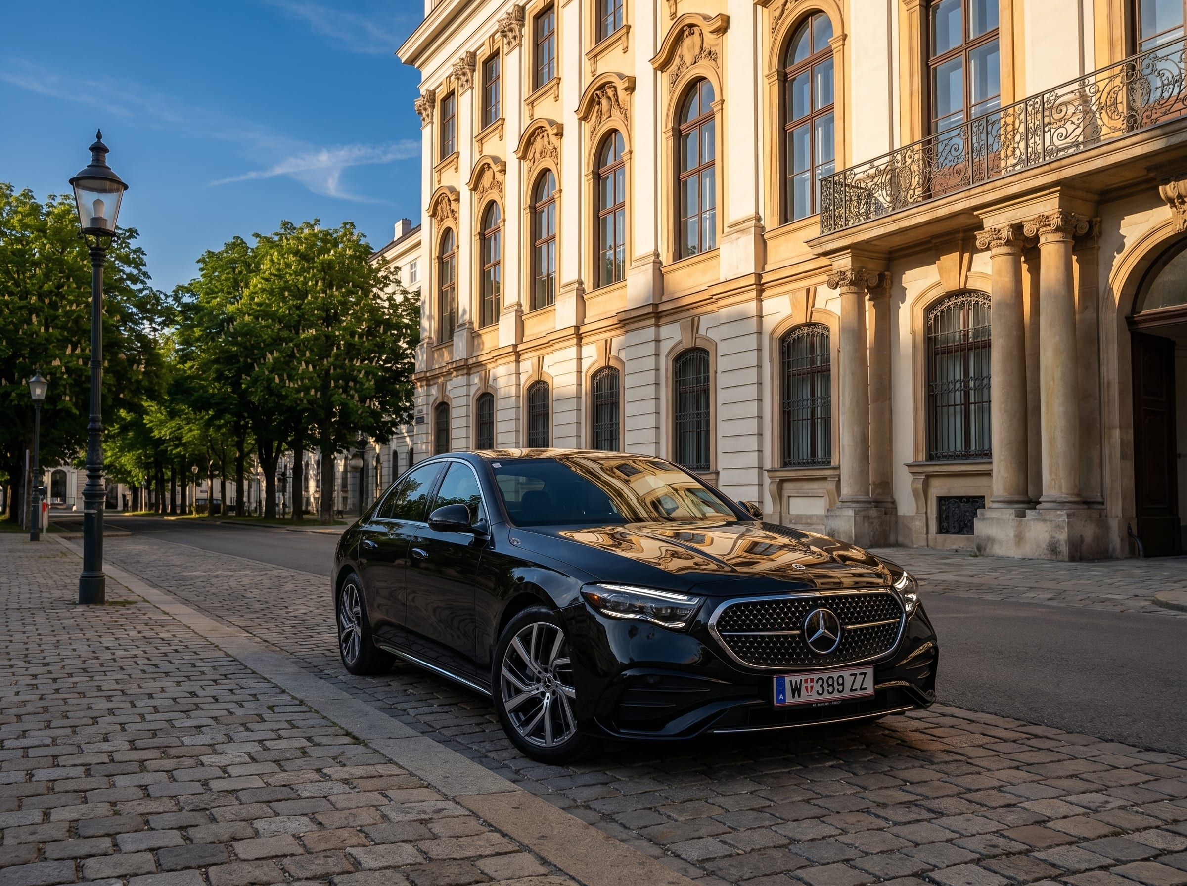 Mercedes E-Klasse Außenansicht in einer Wiener Innenstadtstraße auf Kopfsteinpflaster, mit Wiener Stadtpalais und Gaslaterne