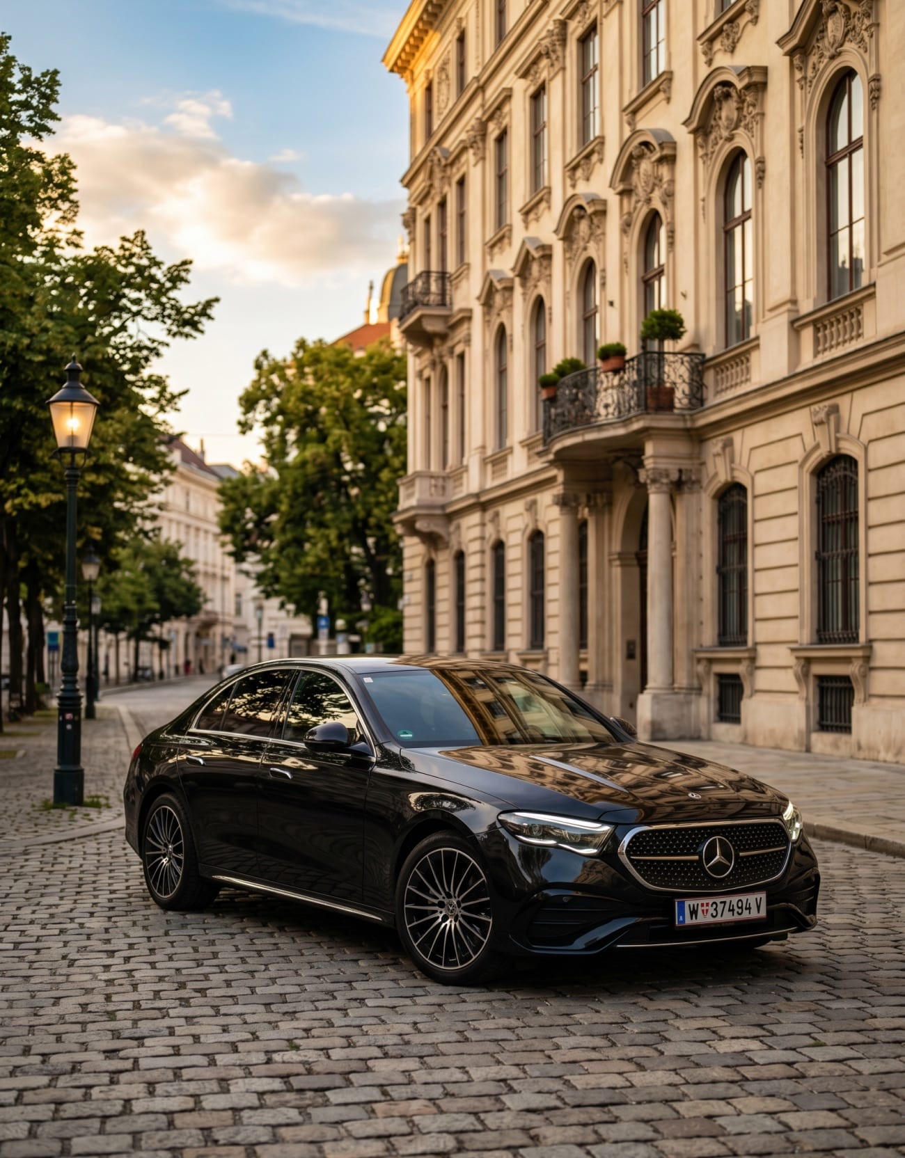 Schwarze Mercedes E-Klasse auf Wiener Kopfsteinpflaster vor einem Stadtpalais