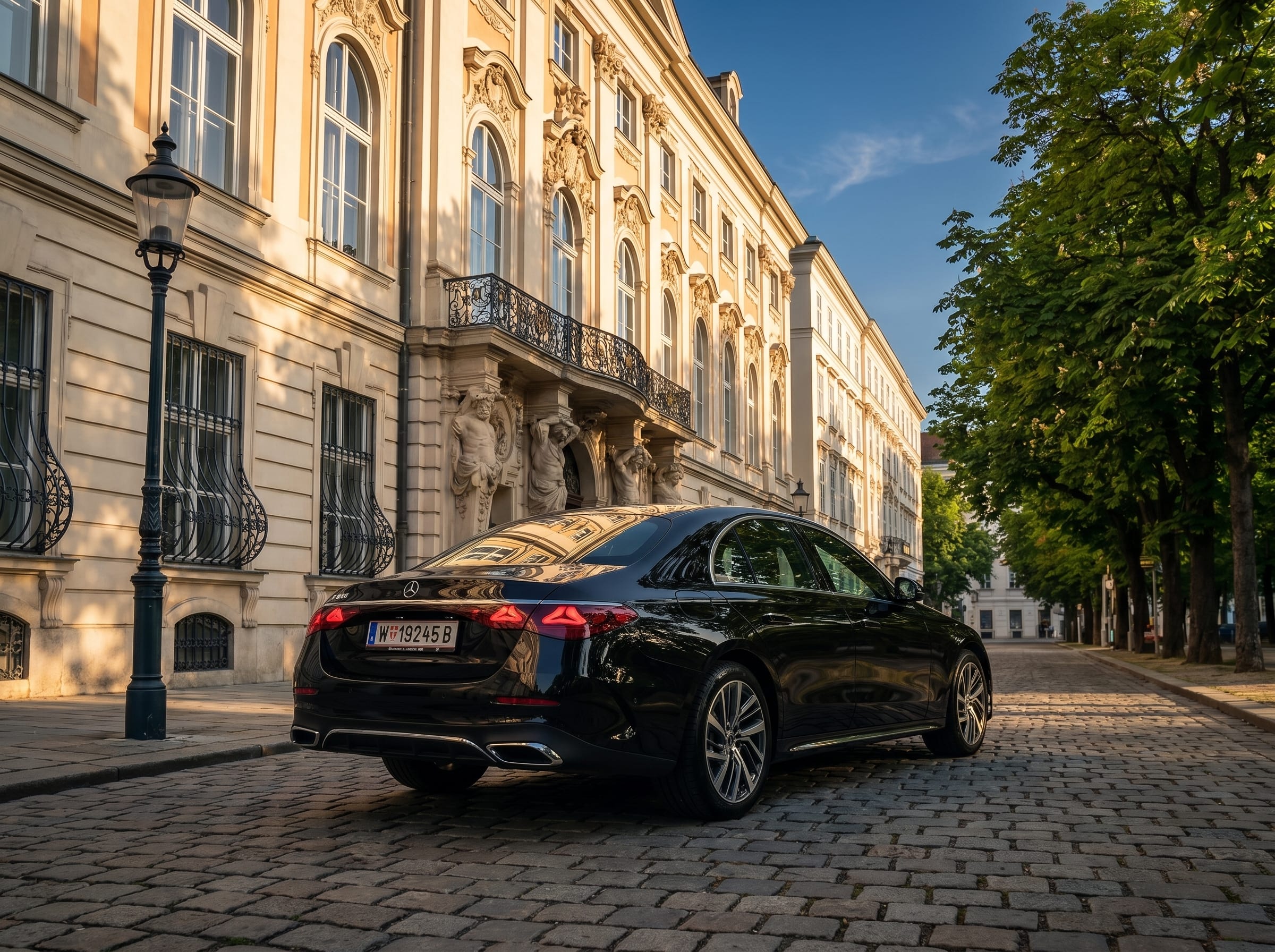 Mercedes E-Klasse Heckansicht im warmen Nachmittagslicht vor einem Wiener Stadtpalais