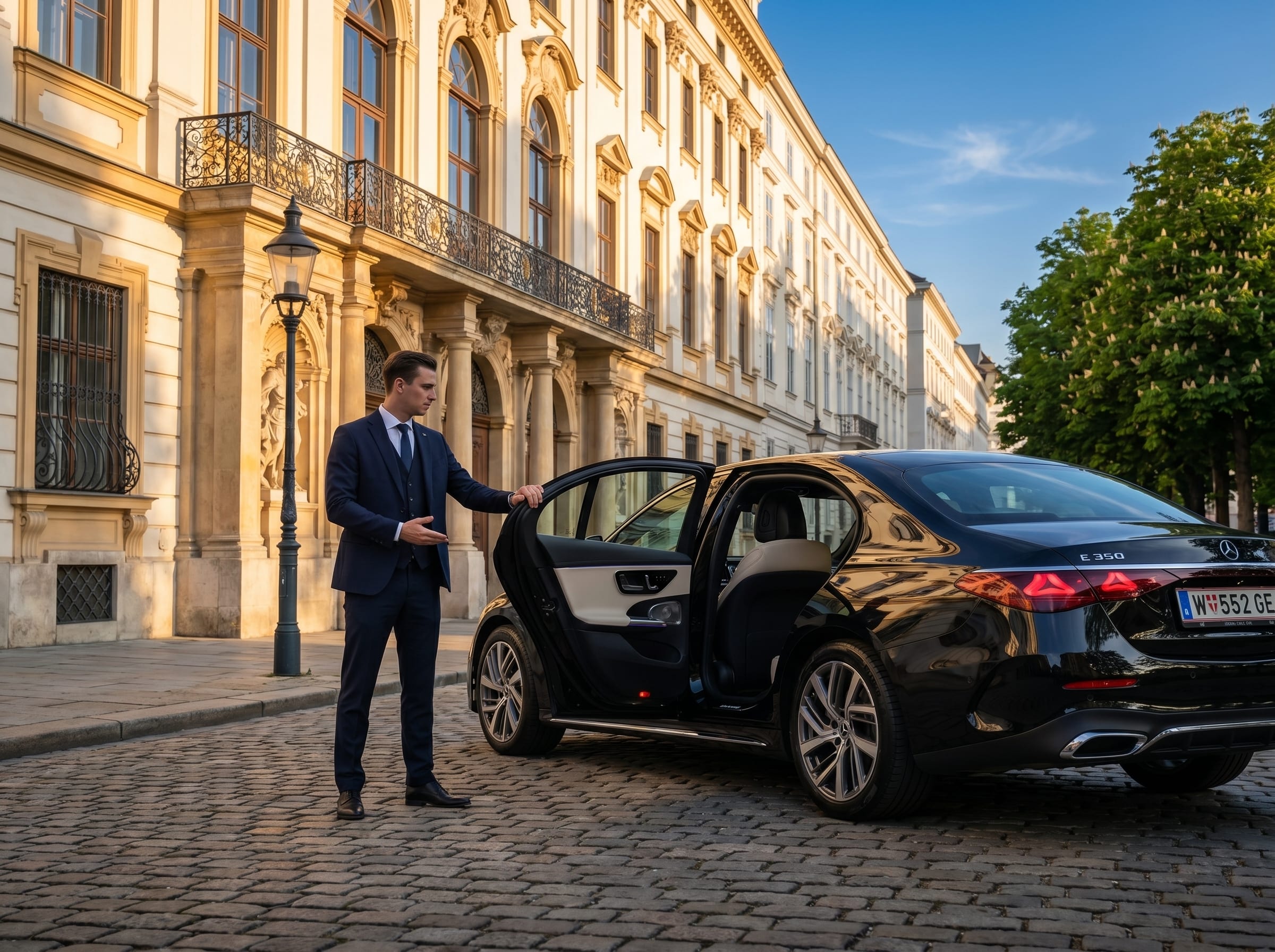 Chauffeur öffnet die hintere Tür der Mercedes E-Klasse vor einem Wiener Stadtpalais