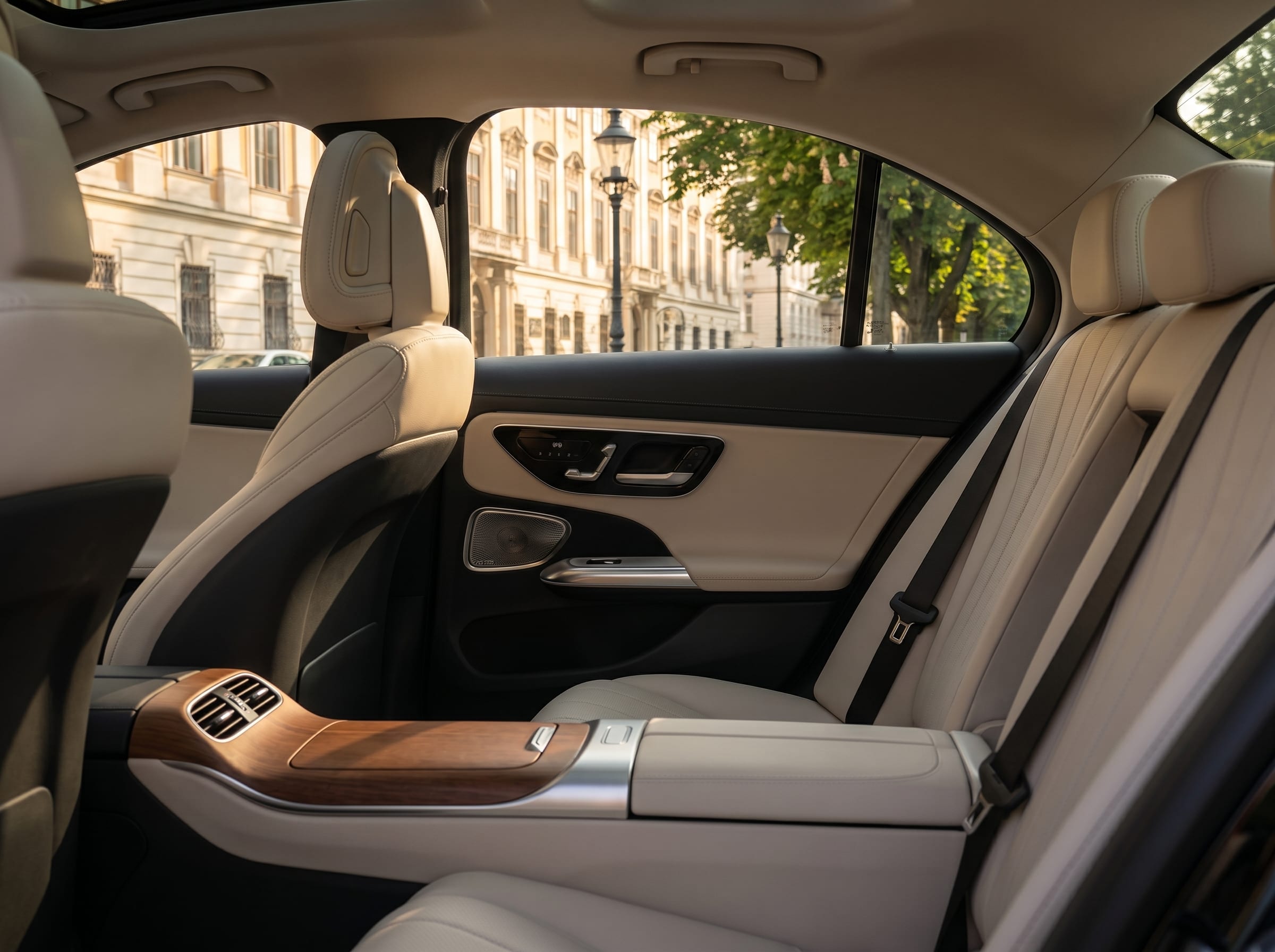 Innenraum der Mercedes E-Klasse mit Nappa-Leder, Holzkonsole und Wiener Stadtansicht durch das Seitenfenster