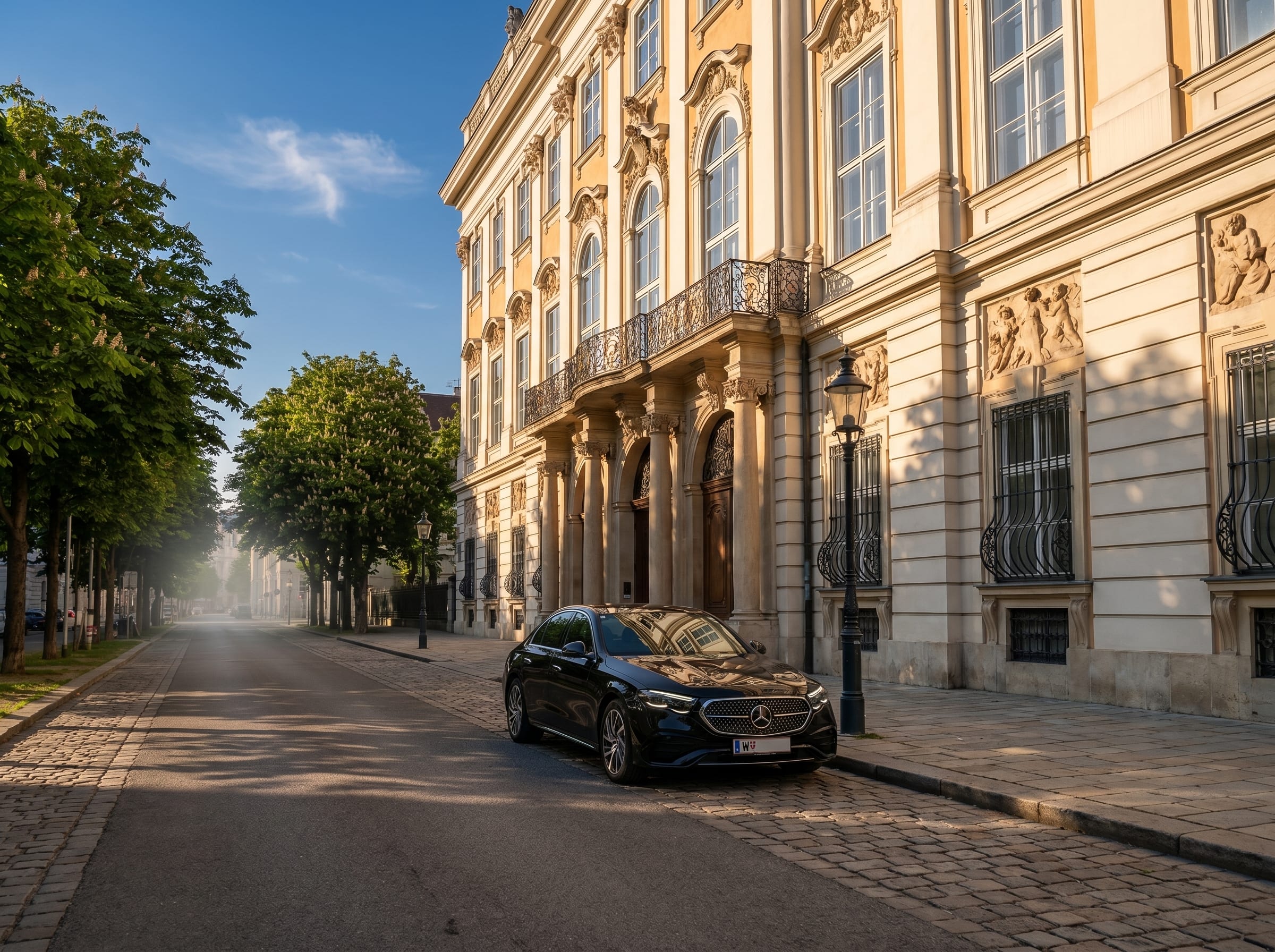 Mercedes E-Klasse in der ruhigen Wiener Innenstadtstraße, Stadtpalais und Gaslaterne im Hintergrund