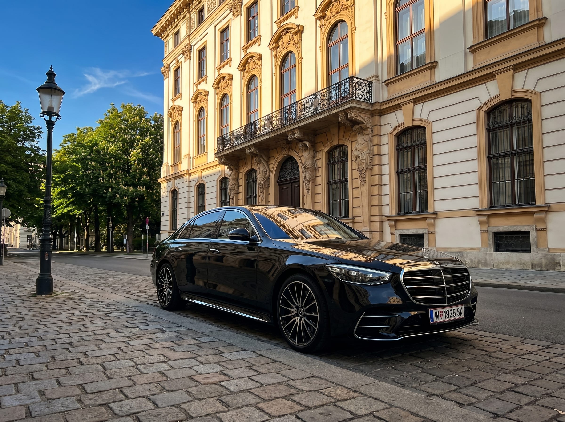 Mercedes S-Klasse Außenansicht in einer Wiener Innenstadtstraße auf Kopfsteinpflaster, mit Wiener Stadtpalais und Gaslaterne