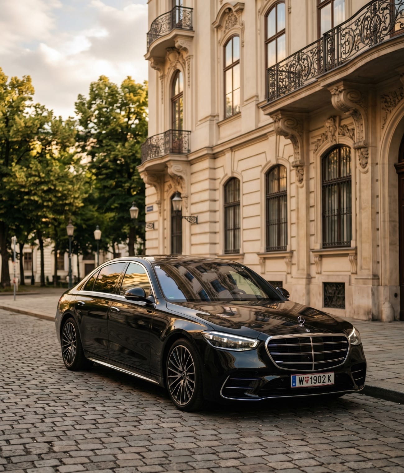 Schwarze Mercedes S-Klasse in einer ruhigen Wiener Wohnstraße in der Abenddämmerung