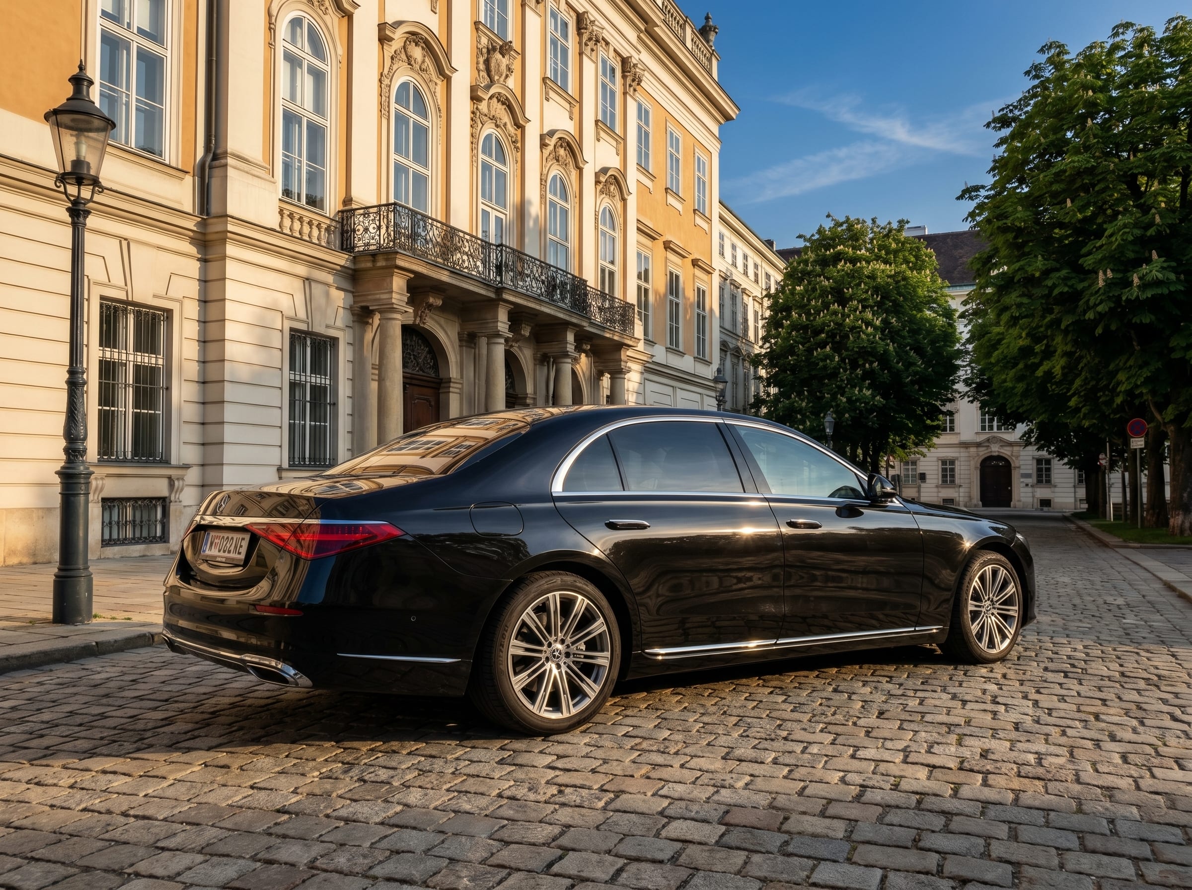 Mercedes S-Klasse Heckansicht mit langem Radstand vor einem Wiener Stadtpalais