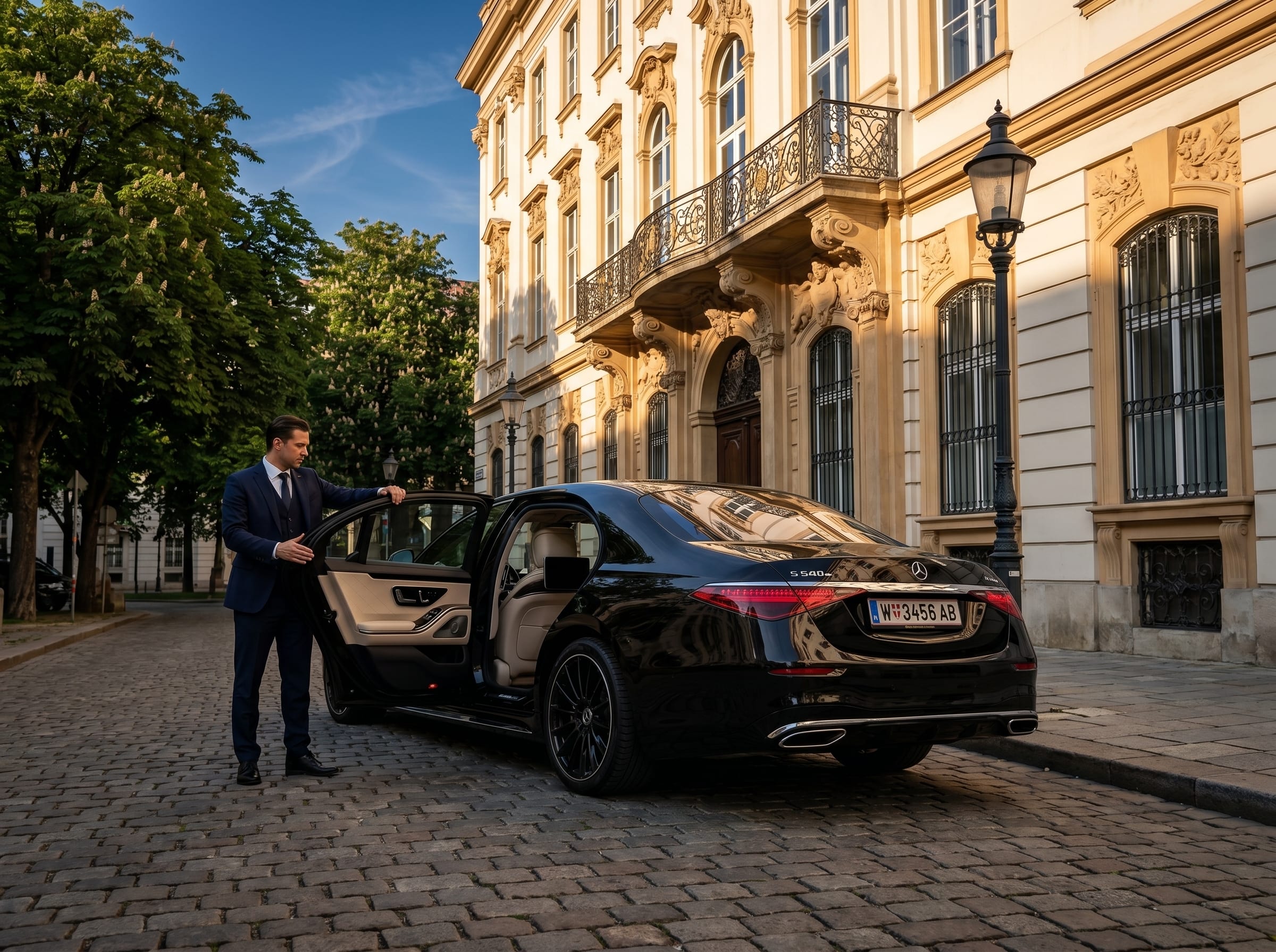Chauffeur öffnet die hintere Tür der Mercedes S-Klasse vor einem Wiener Stadtpalais