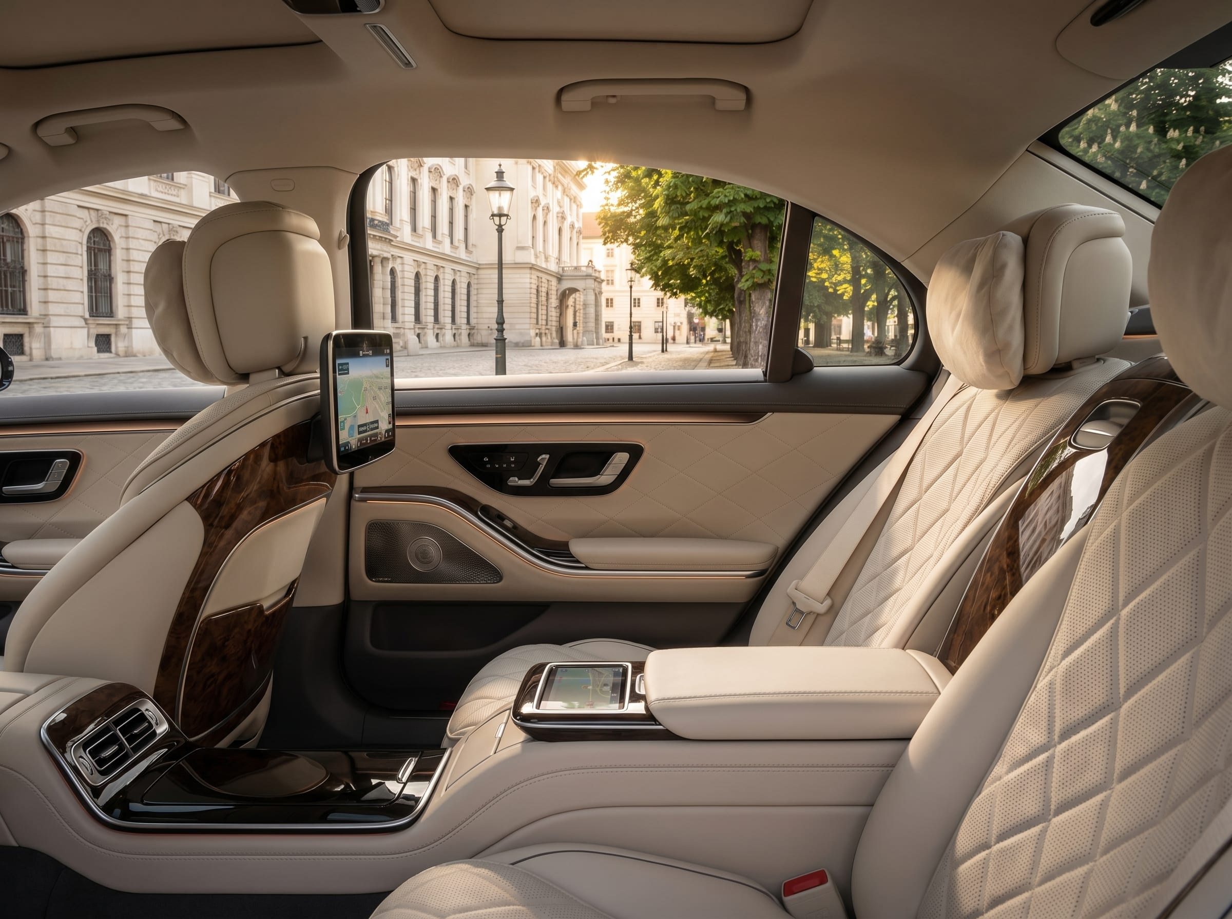 Fond der Mercedes S-Klasse mit Nappa-Leder, Wurzelholz-Konsole und Tablet, Wiener Stadtansicht durch das Seitenfenster