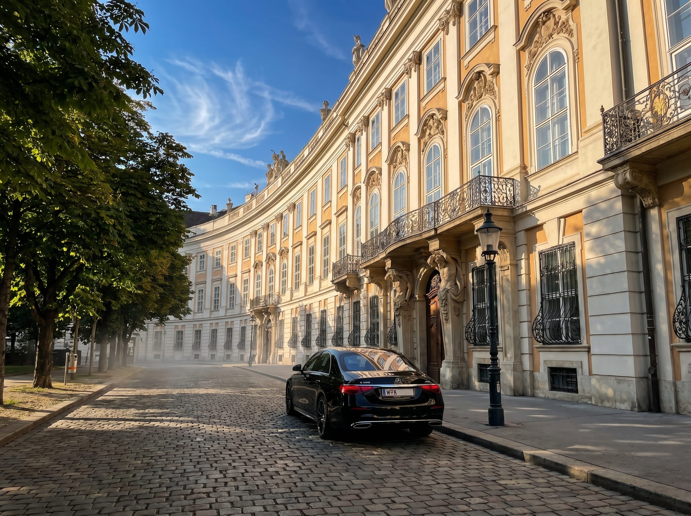 Mercedes S-Klasse in der ruhigen Wiener Innenstadtstraße, Stadtpalais und Gaslaterne im Hintergrund