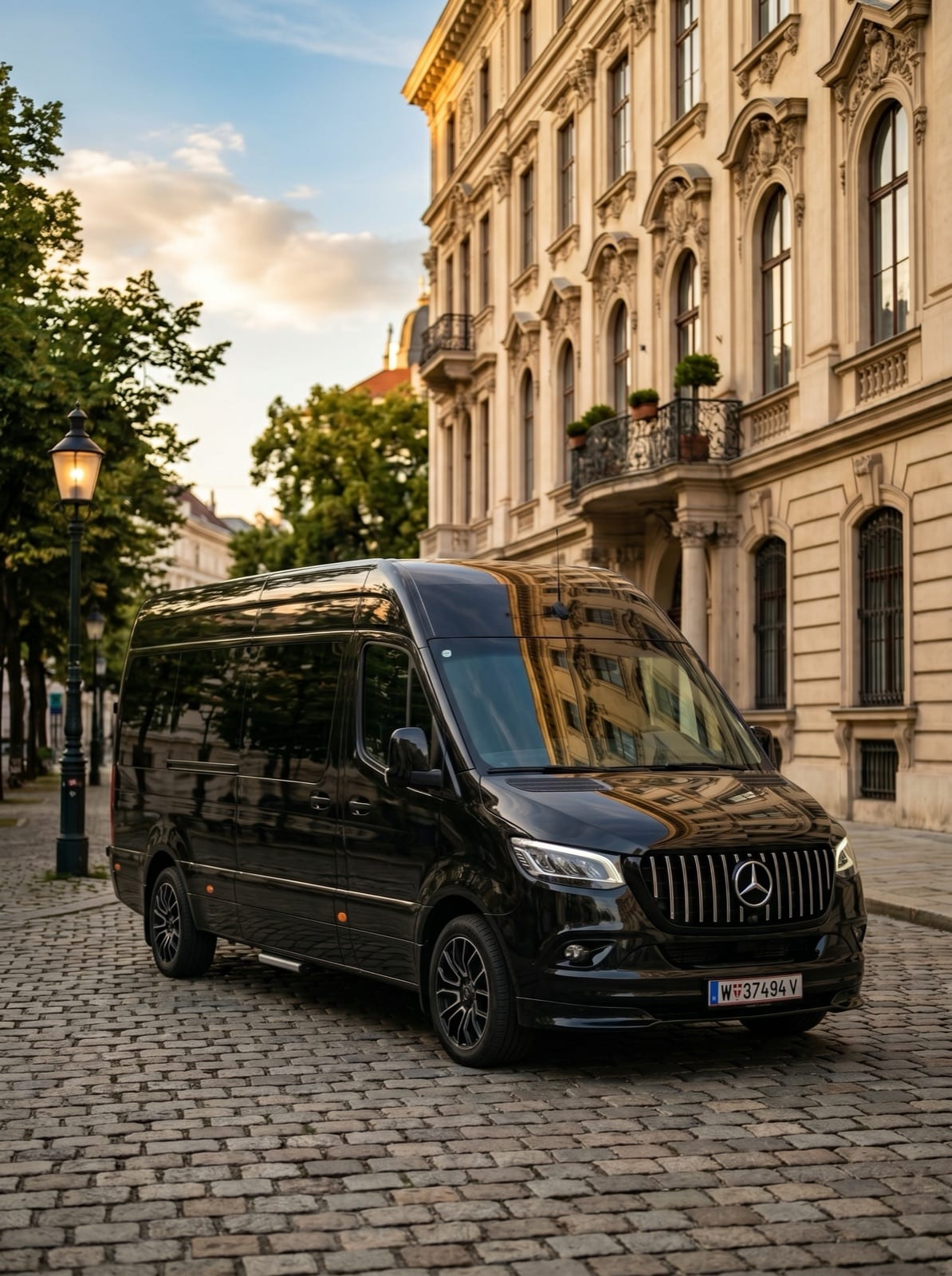 Schwarzer Mercedes Sprinter Minibus vor einem Wiener Stadtpalais in der Abenddämmerung, Kopfsteinpflaster im Vordergrund