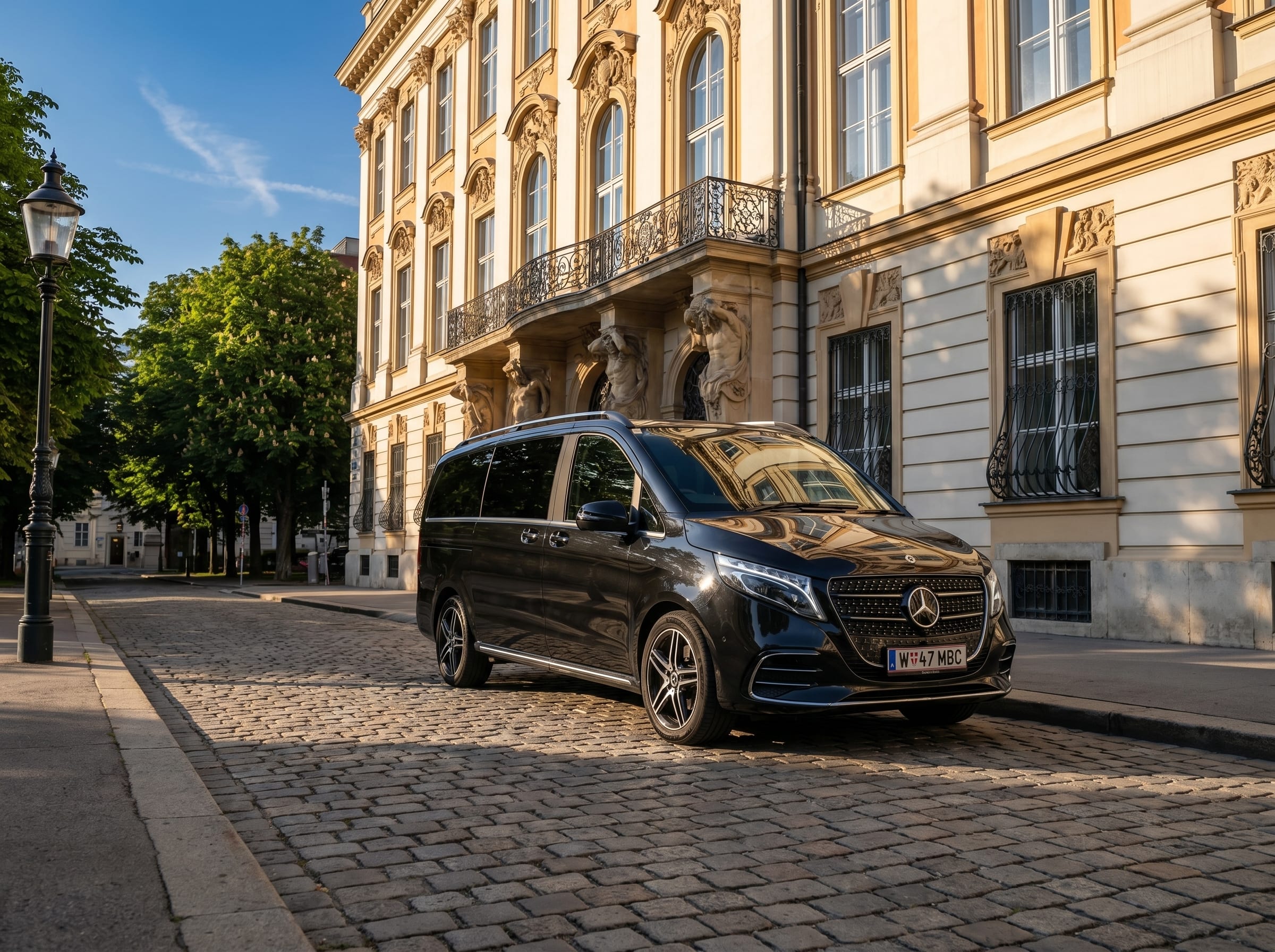 Mercedes V-Klasse Außenansicht in einer Wiener Innenstadtstraße auf Kopfsteinpflaster, mit Wiener Stadtpalais und Gaslaterne
