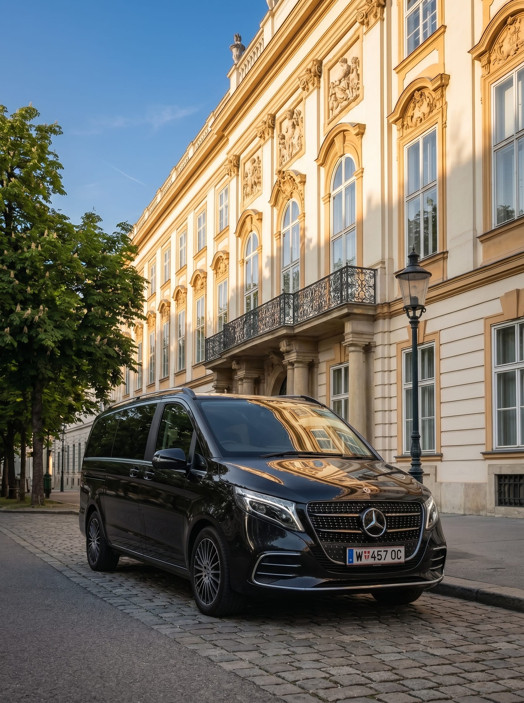Schwarze Mercedes V-Klasse vor einem Wiener Stadtpalais