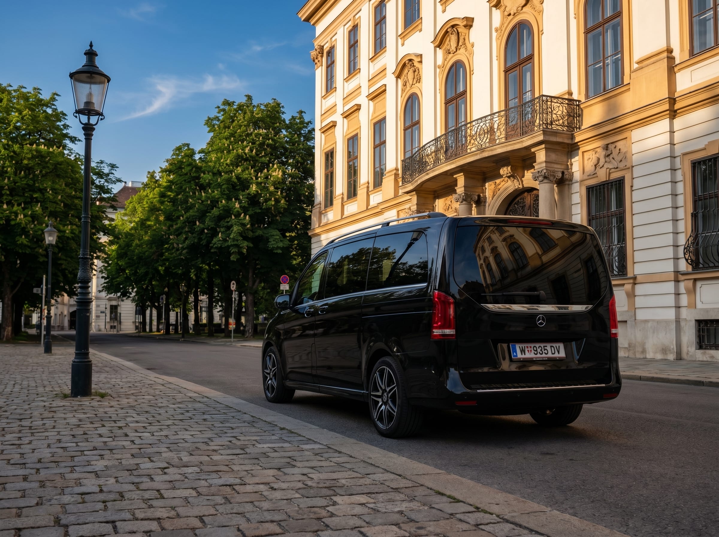 Mercedes V-Klasse Heckansicht mit Schiebetürschiene vor einem Wiener Stadtpalais