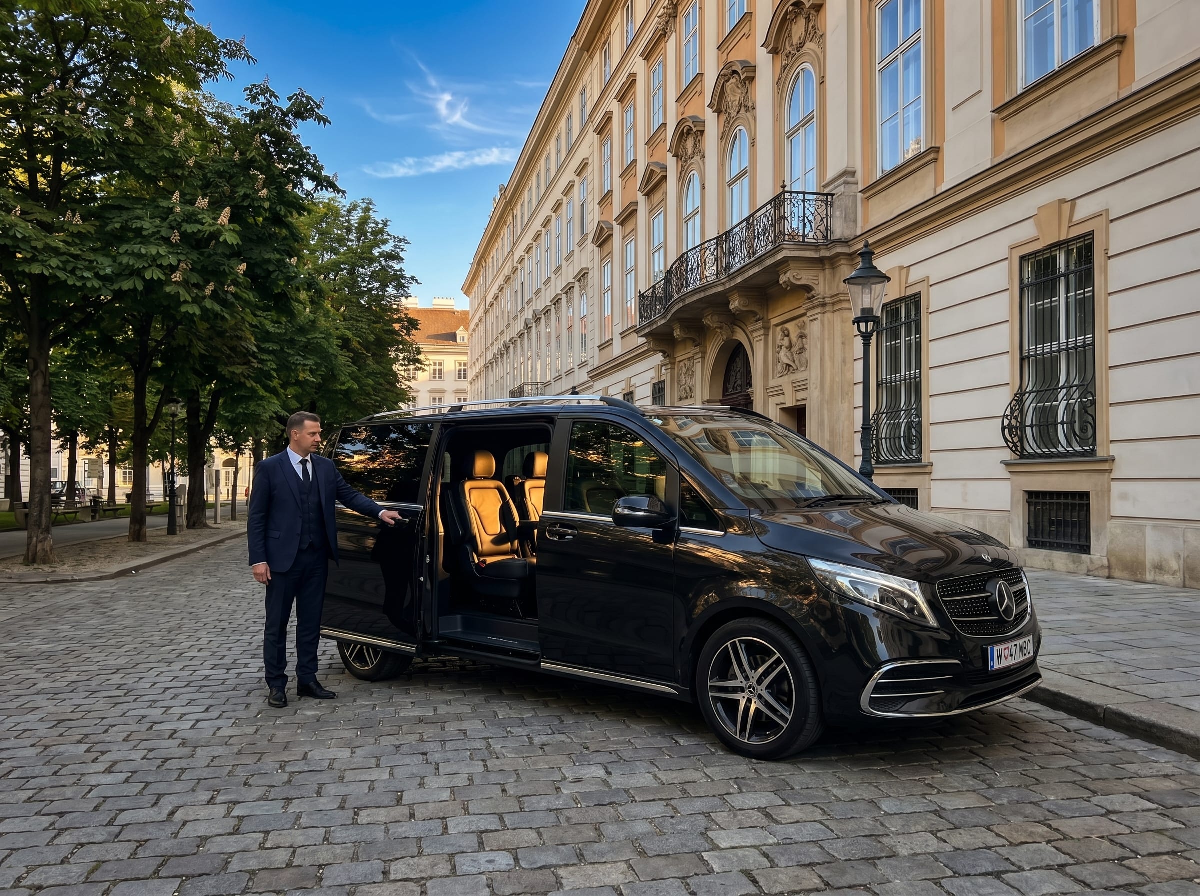 Chauffeur öffnet die Schiebetür der Mercedes V-Klasse vor einem Wiener Stadtpalais, Kabinen-Innenraum sichtbar