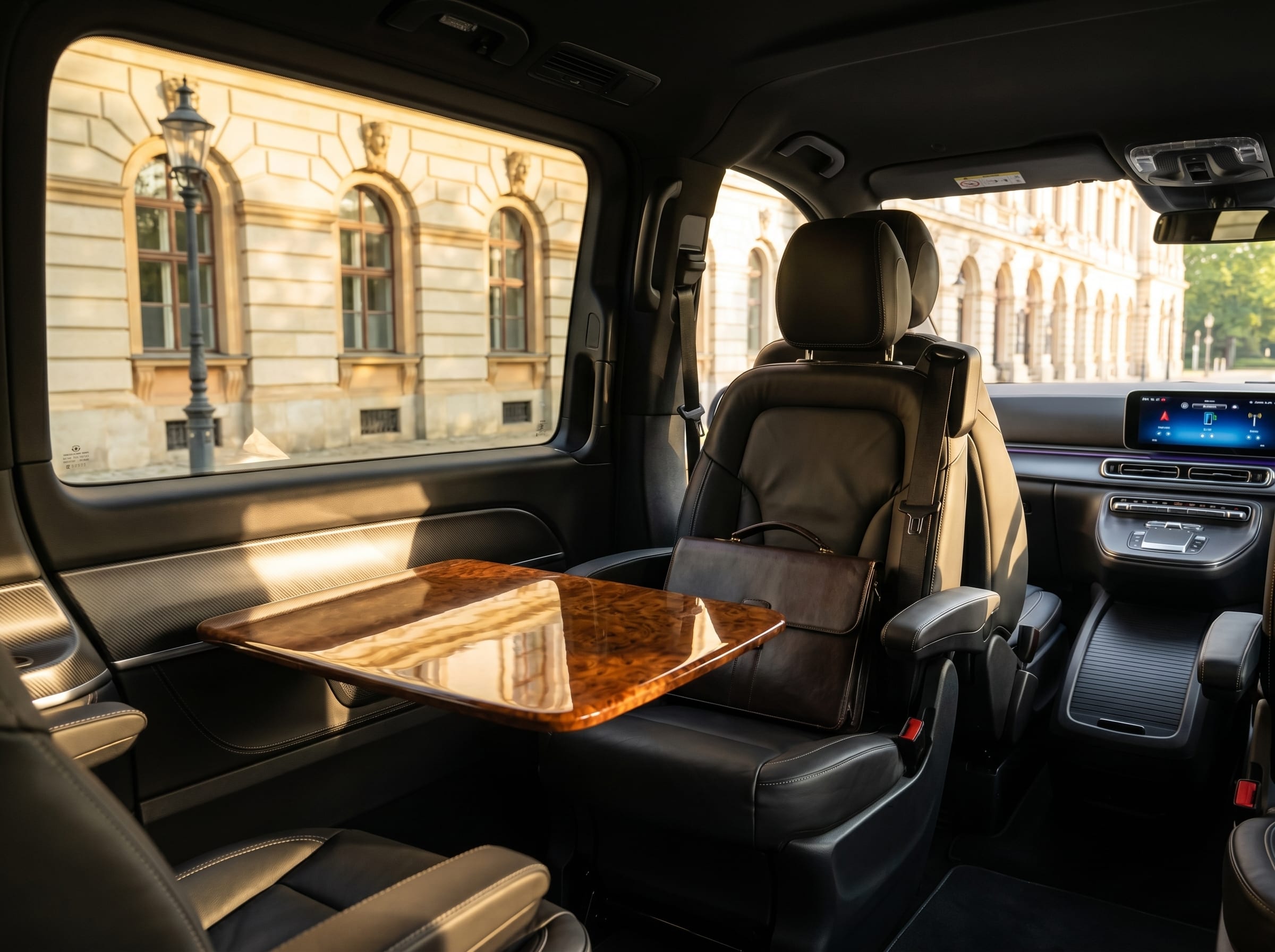 Innenraum der Mercedes V-Klasse mit zwei drehbaren Einzelsitzen aus Nappa-Leder und Tisch in der Mittelkabine