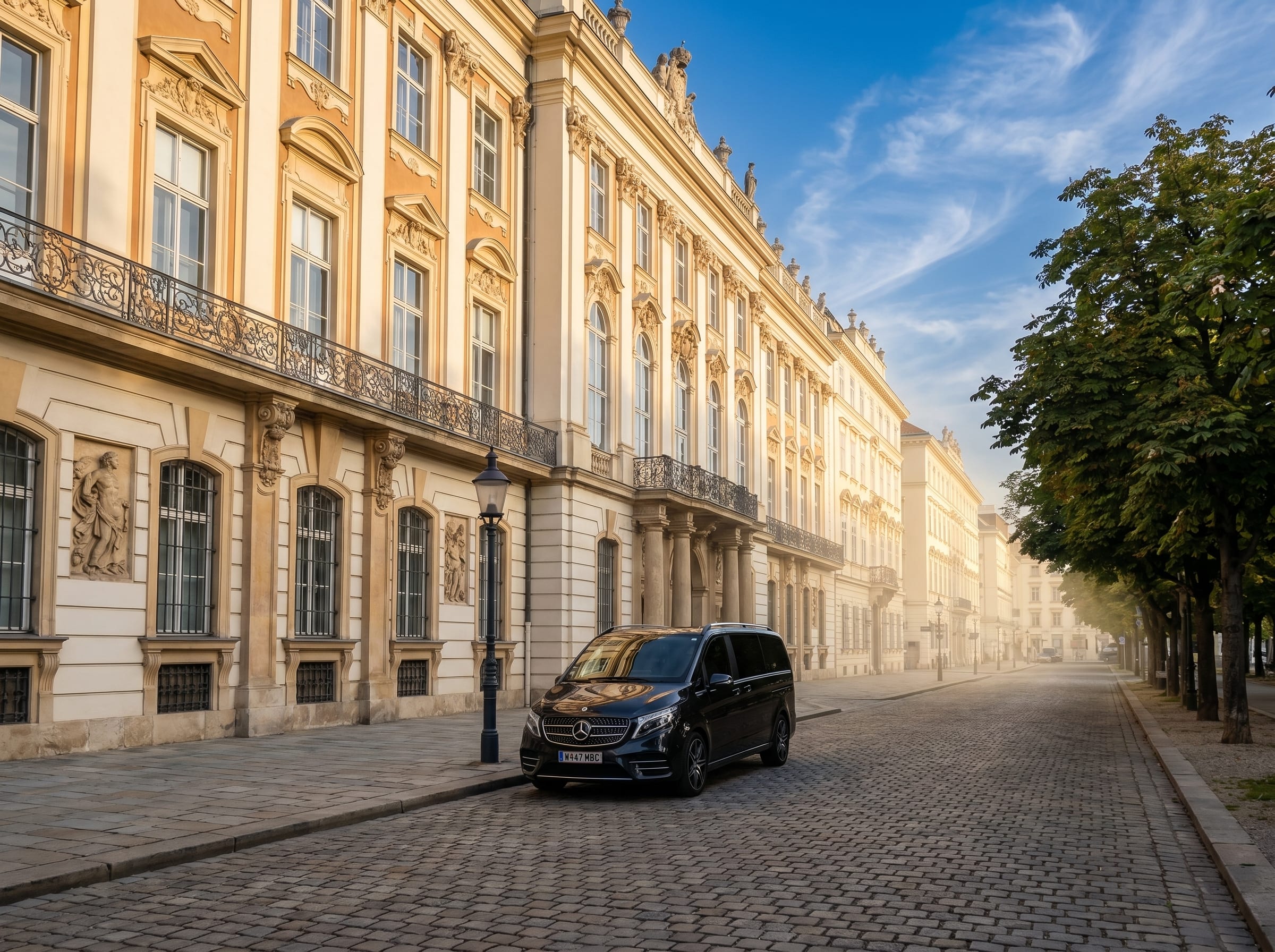 Mercedes V-Klasse in der ruhigen Wiener Innenstadtstraße, Stadtpalais und Gaslaterne im Hintergrund