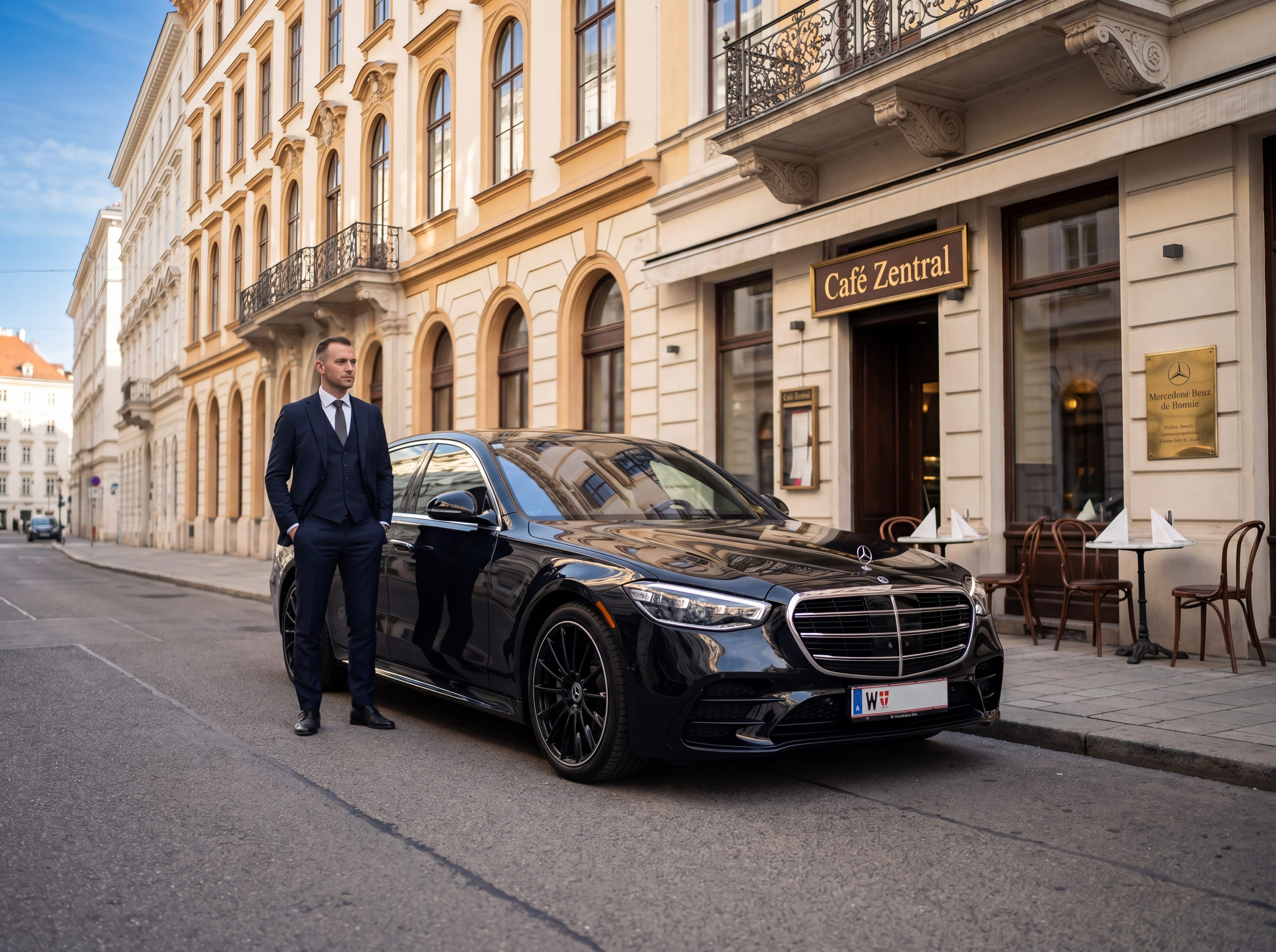 Detail einer Chauffeur-Hand mit Armbanduhr an der Türklinke einer Mercedes Limousine