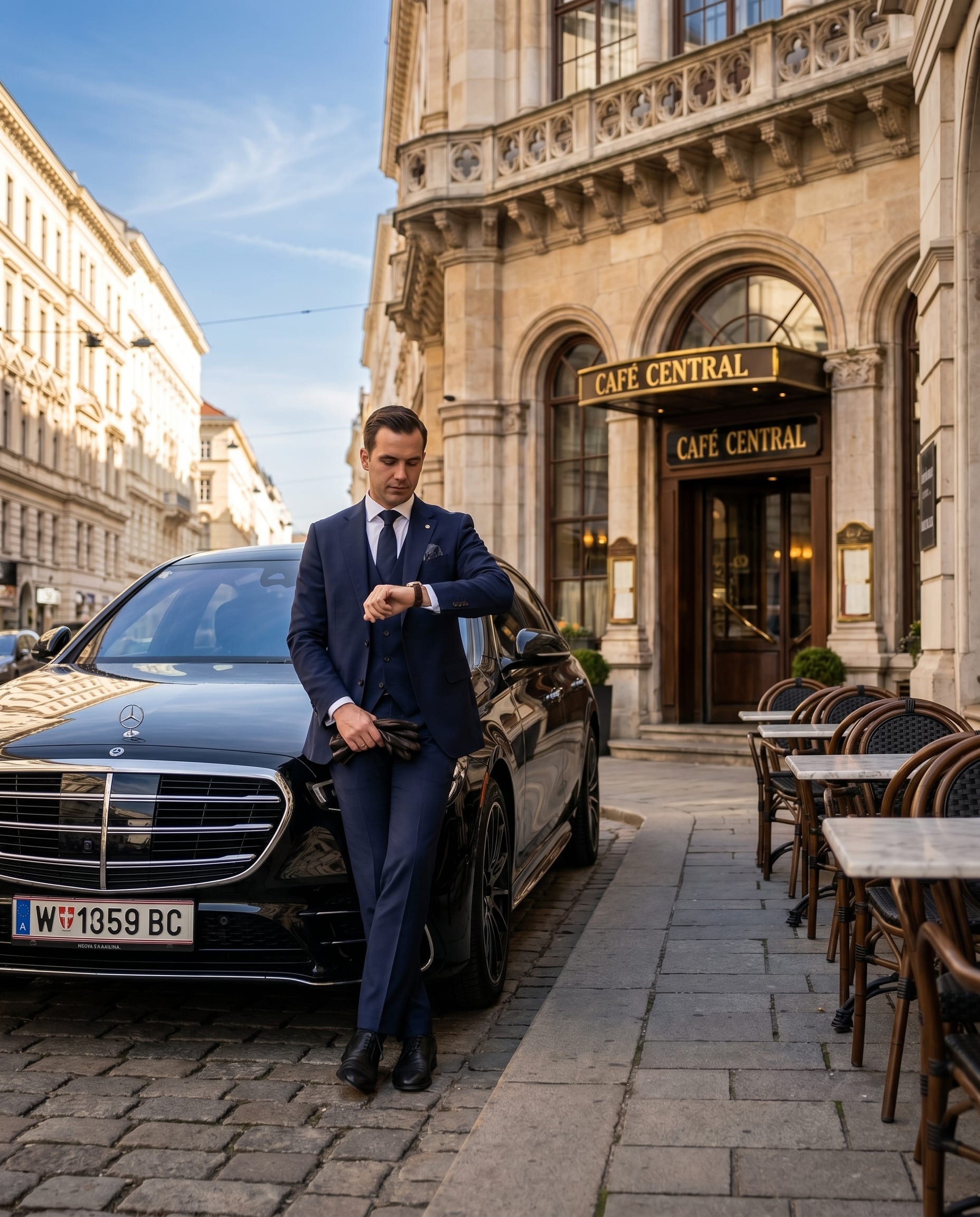 Mercedes Limousine wartet vor einem Wiener Stadthaus im Abendlicht