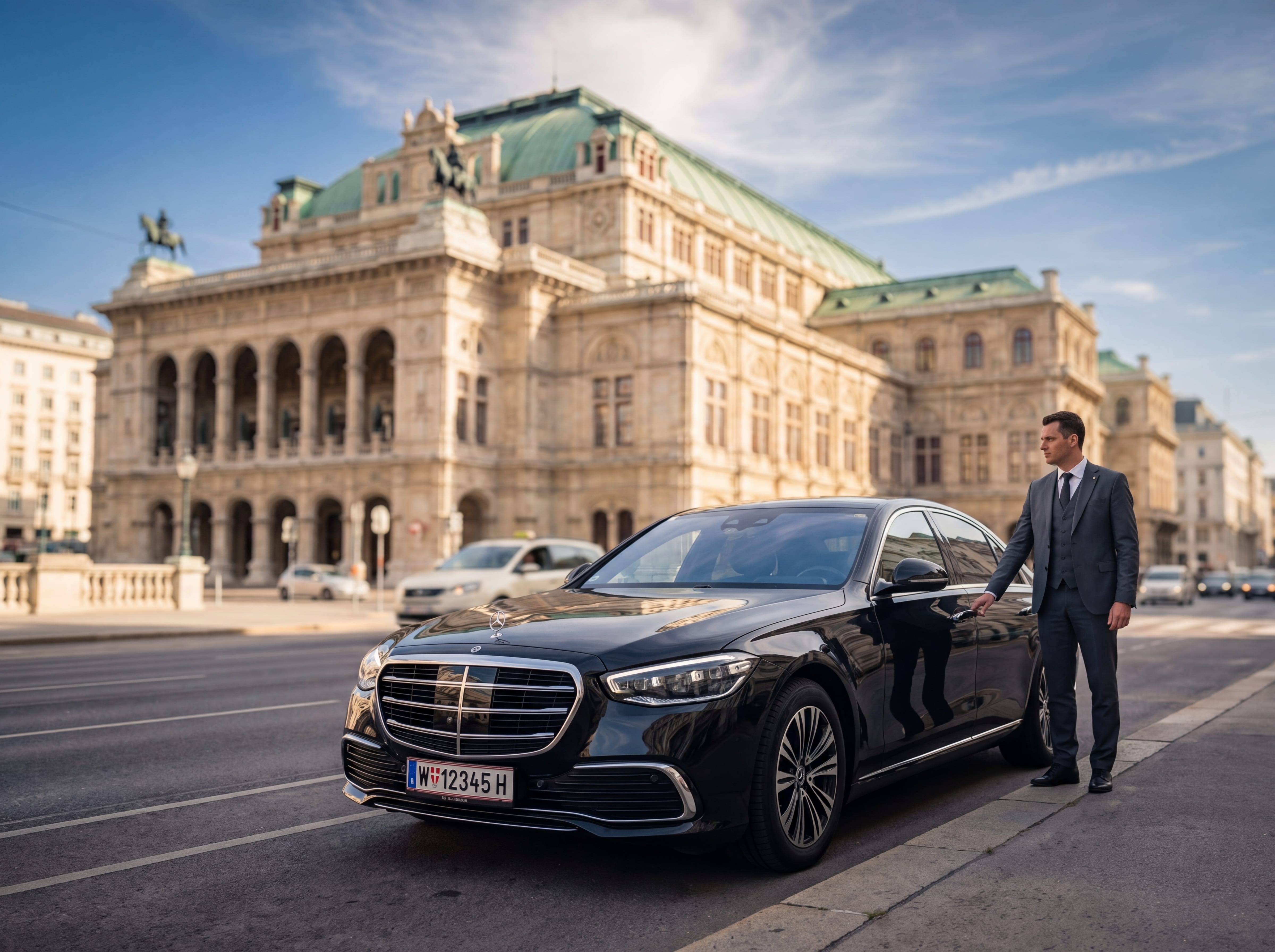 Schwarze Mercedes S-Klasse auf nasser Wiener Strasse in der Abenddaemmerung