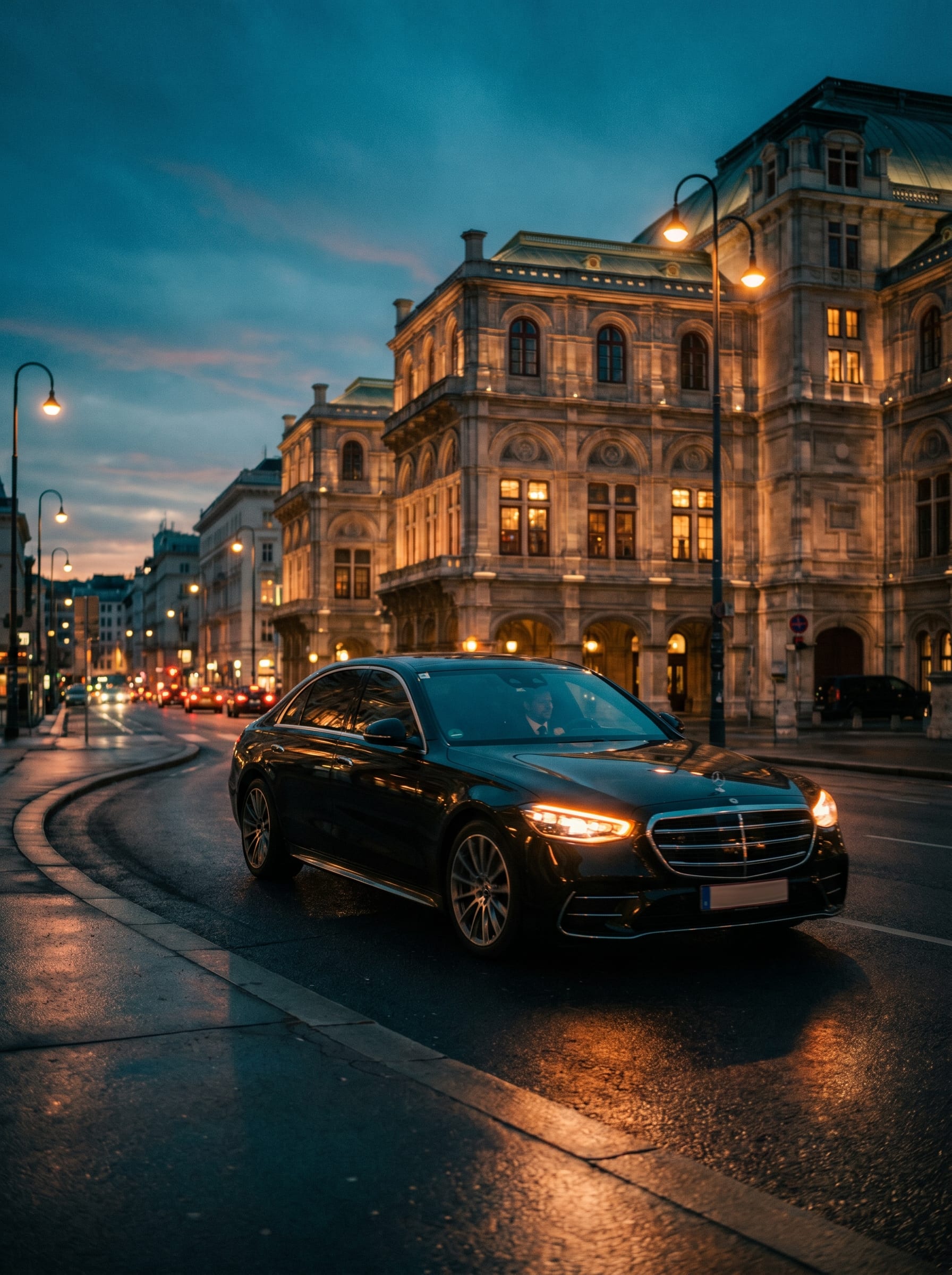 Schwarze Mercedes S-Klasse auf nasser Wiener Straße in der Abenddämmerung, beleuchtete Wiener Staatsoper im Hintergrund