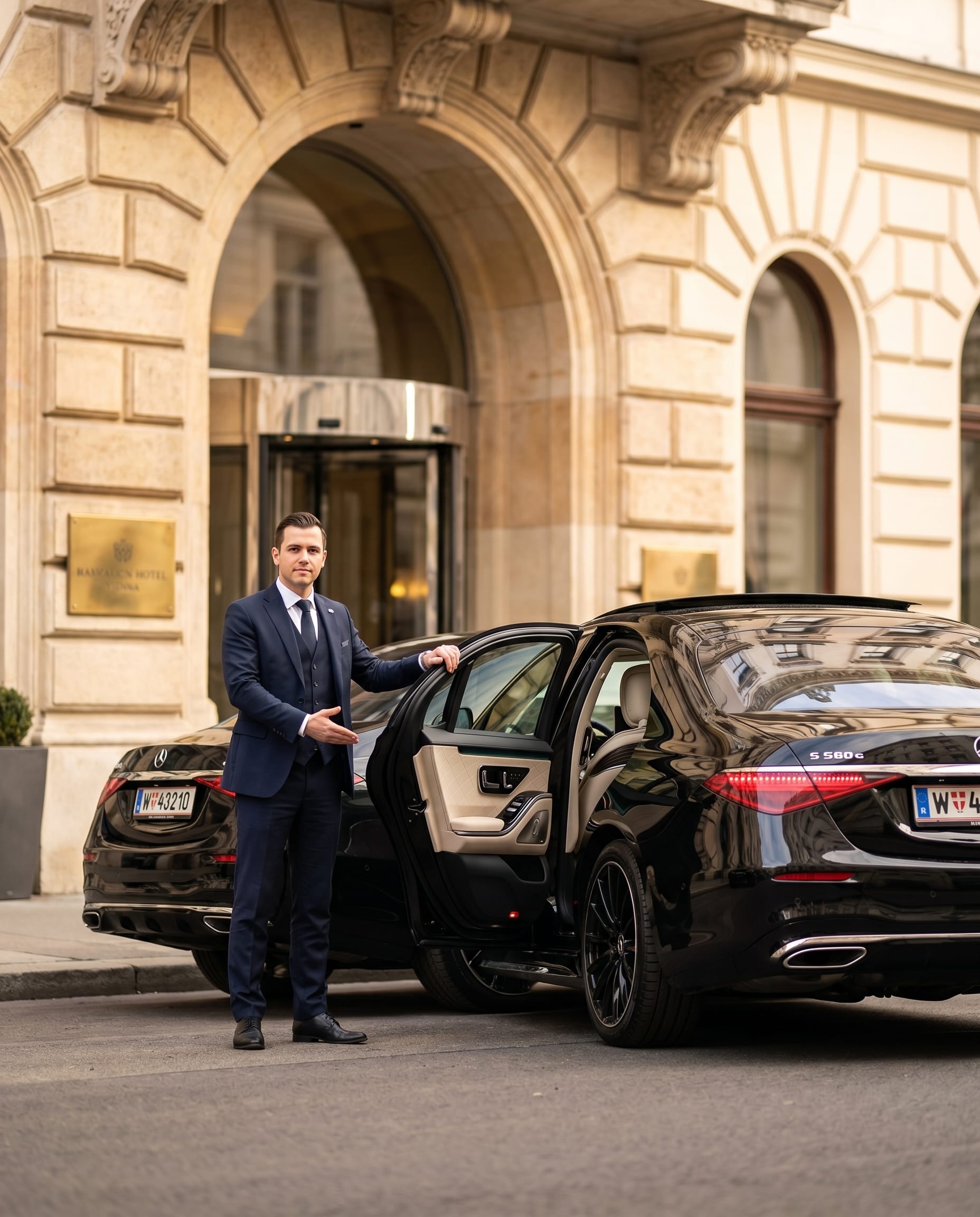Chauffeur in dunklem Anzug öffnet die Türe der Mercedes S-Klasse