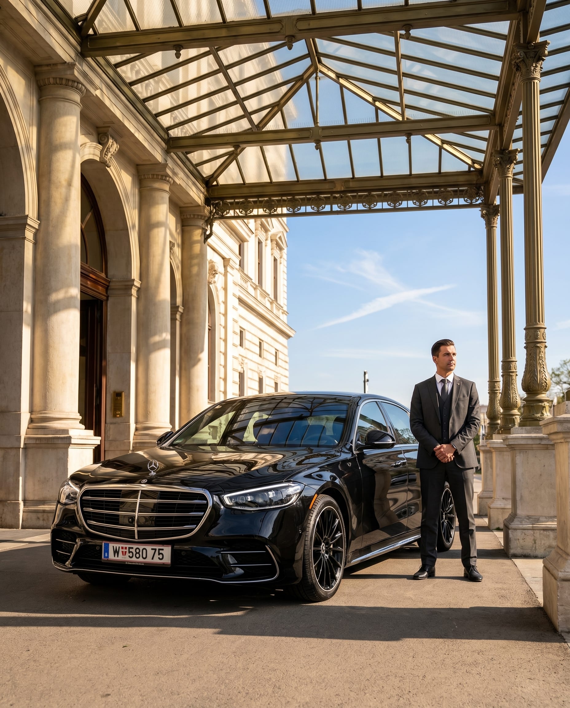 Mercedes S-Klasse vor beleuchteter Wiener Staatsoper im Regen