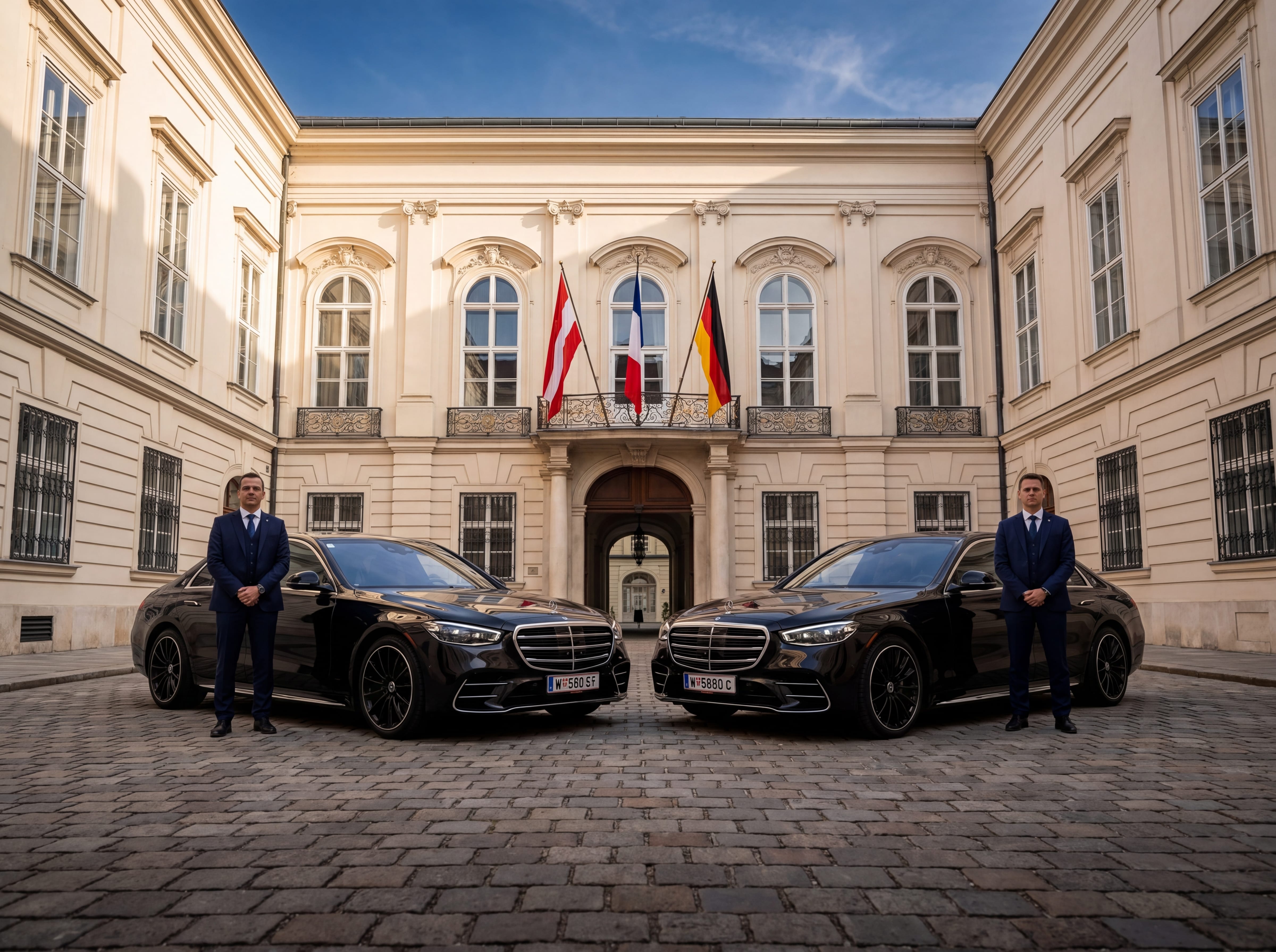 Zwei schwarze Mercedes Limousinen mit Chauffeuren im Hof eines diplomatischen Gebäudes in Wien