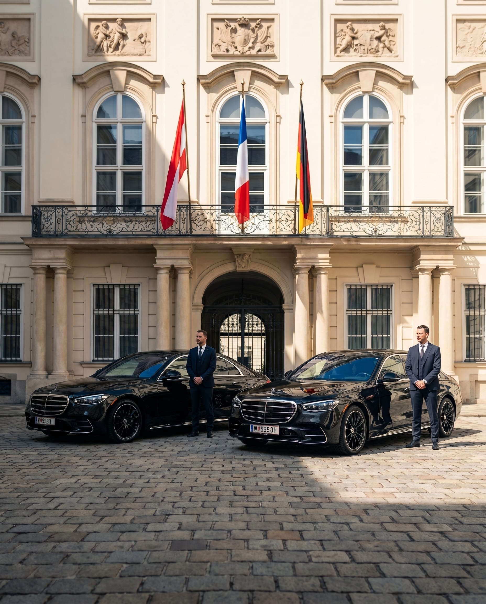 Zwei Chauffeure neben zwei schwarzen Mercedes Limousinen im Hof eines diplomatischen Gebäudes in Wien, mit österreichischer, französischer und deutscher Flagge