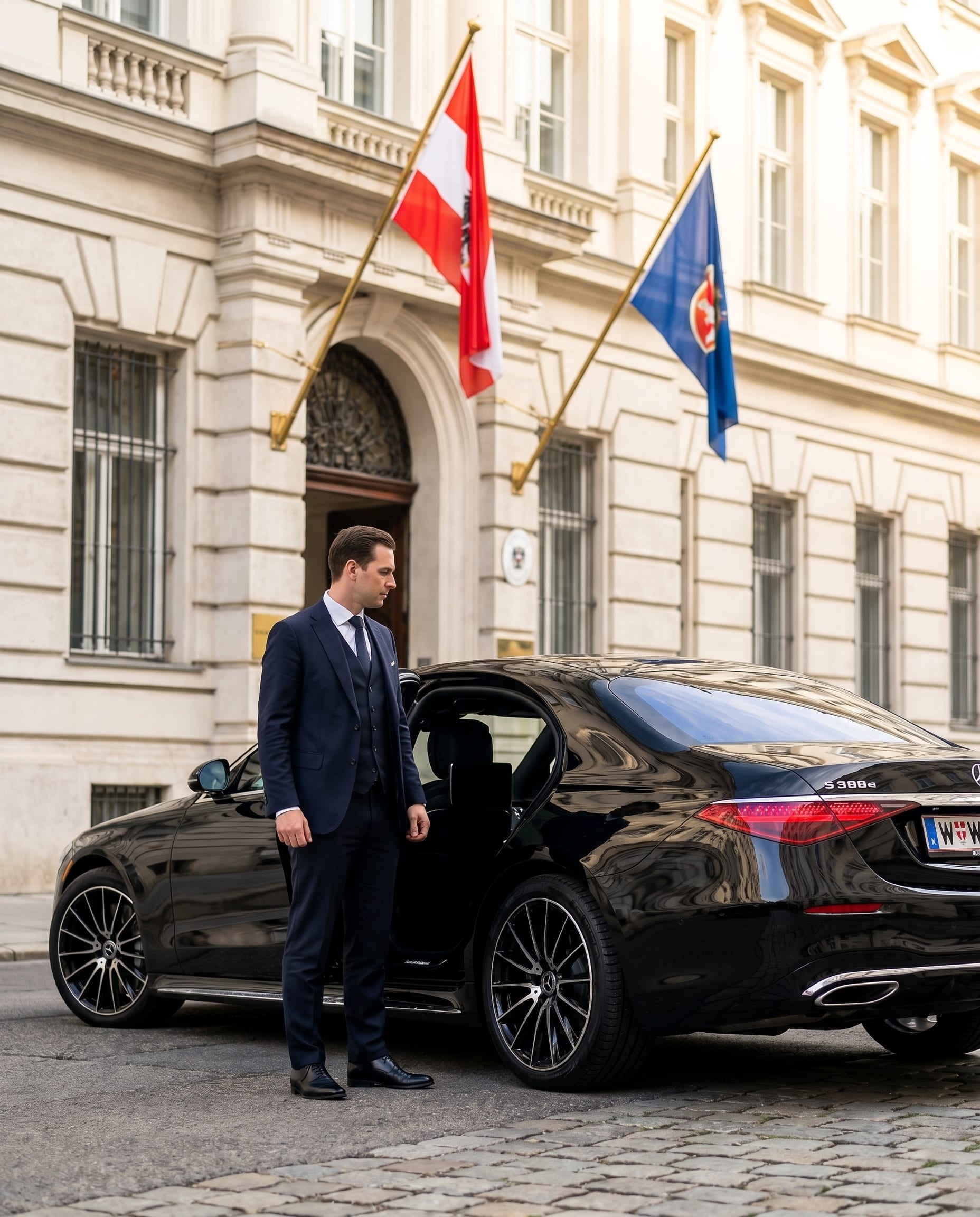 Detail der Türklinke einer schwarzen Mercedes S-Klasse vor einem Botschaftsgebäude