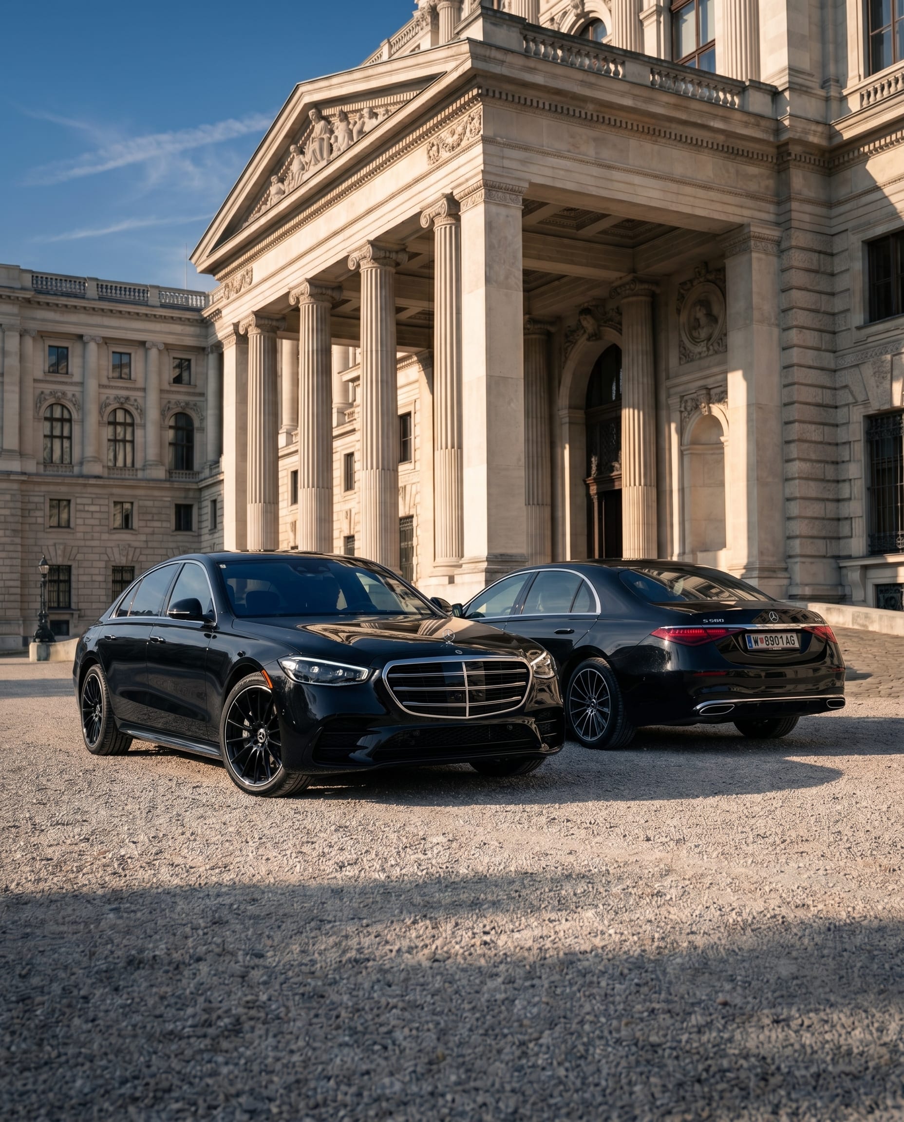 Chauffeur öffnet die Tür einer Mercedes S-Klasse für einen Diplomaten vor einem Wiener Ministerium
