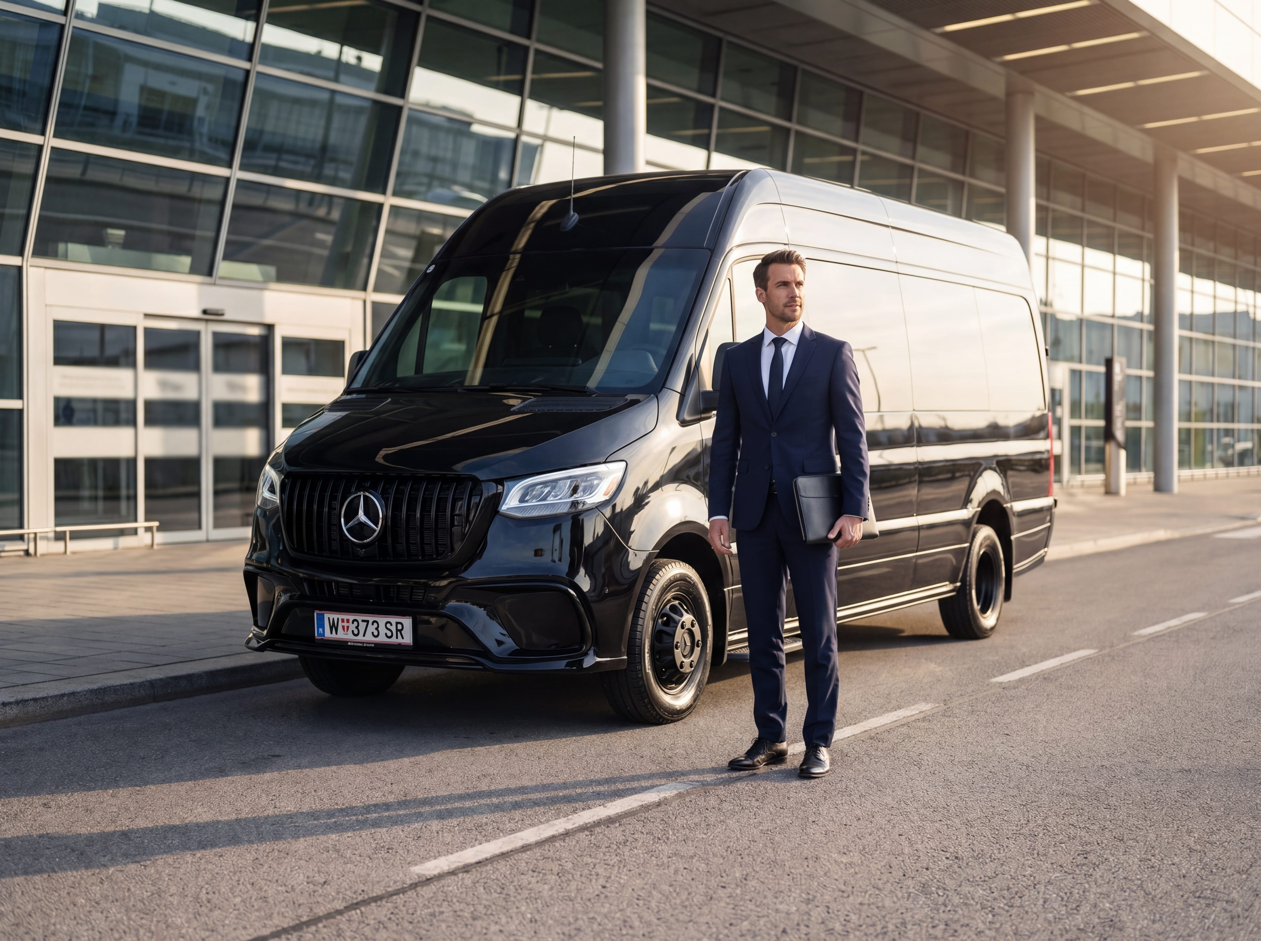 Chauffeur mit Namensschild vor schwarzem Mercedes Sprinter am Flughafen Wien Ankunft