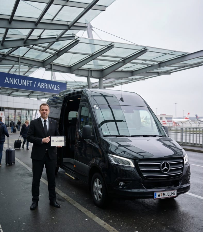 Chauffeur mit Namensschild vor schwarzem Mercedes Sprinter am Flughafen Wien Ankunft