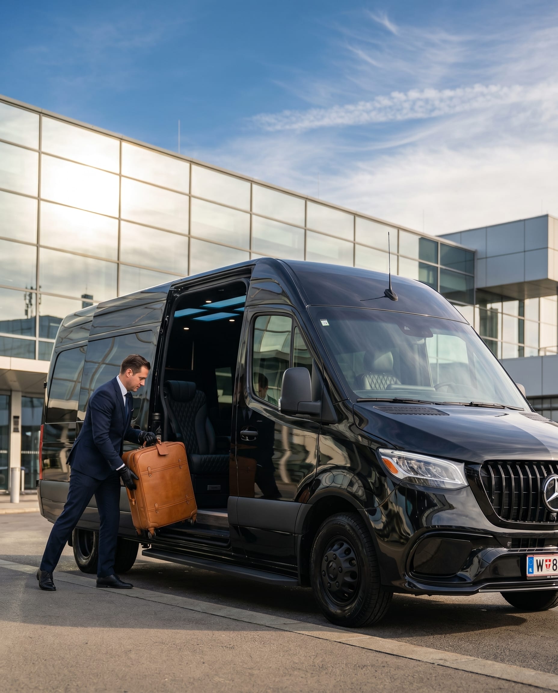 Detailaufnahme der Mercedes-Limousine am Flughafen Wien, polierte Karosserie im Abendlicht