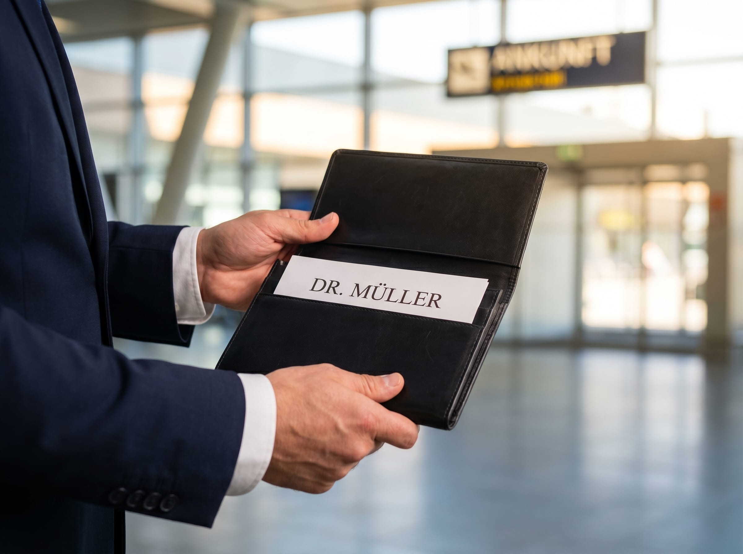 Detail des Chauffeurs mit Namensschild am Empfangsbereich des Flughafens Wien