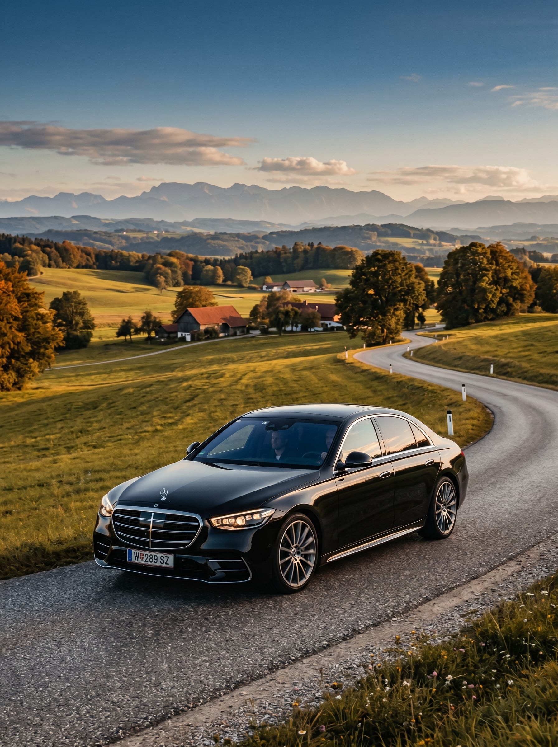 Schwarze Mercedes S-Klasse auf österreichischer Landstraße im goldenen Abendlicht, sanfte Hügel und Alpenpanorama im Hintergrund
