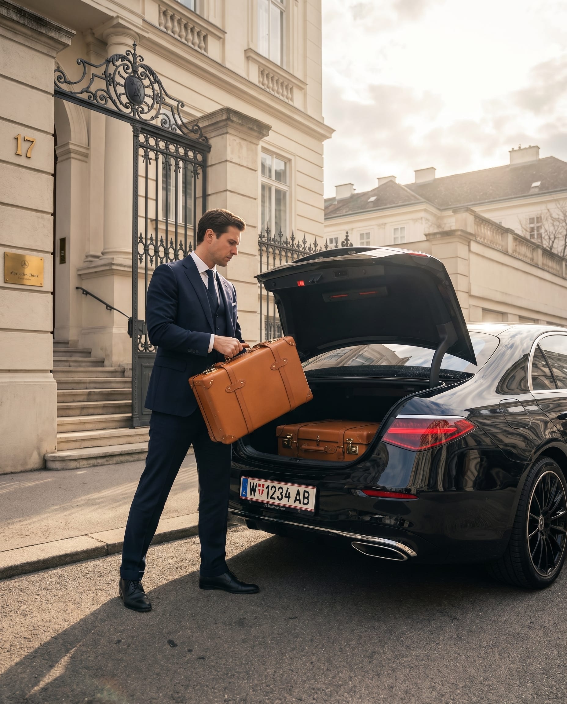 Schwarze Mercedes S-Klasse parkt auf einer Aussichtsplattform mit Bergblick