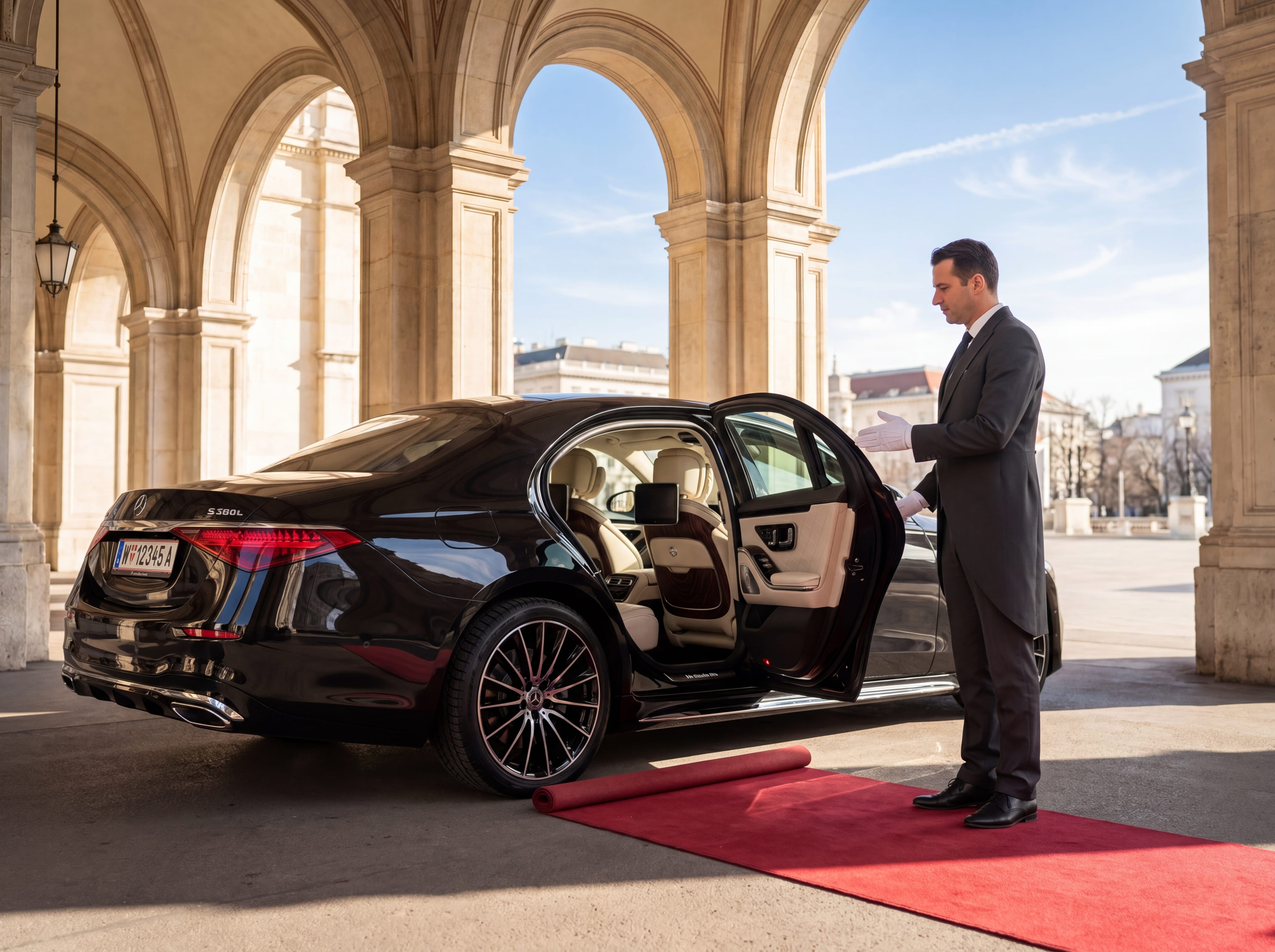 Chauffeur in weißen Handschuhen hilft einer Dame im Abendkleid aus einer Mercedes S-Klasse vor der Wiener Staatsoper