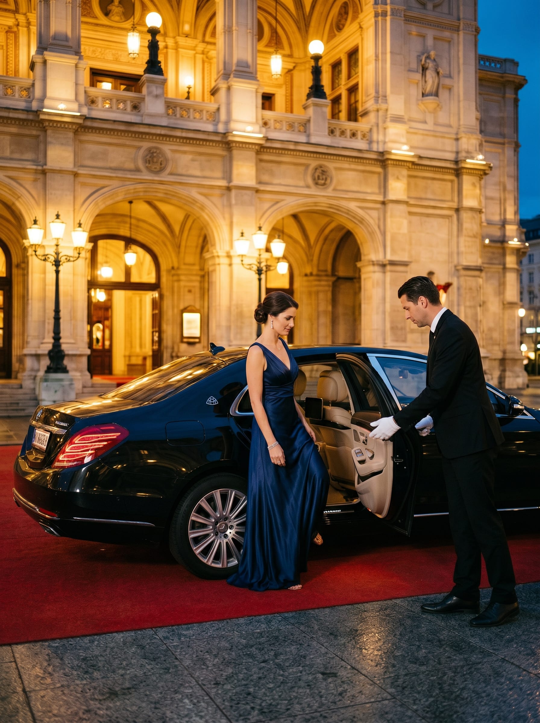 Chauffeur in weißen Handschuhen hilft einer Dame im Abendkleid aus einer schwarzen Mercedes S-Klasse auf einem roten Teppich vor der Wiener Staatsoper