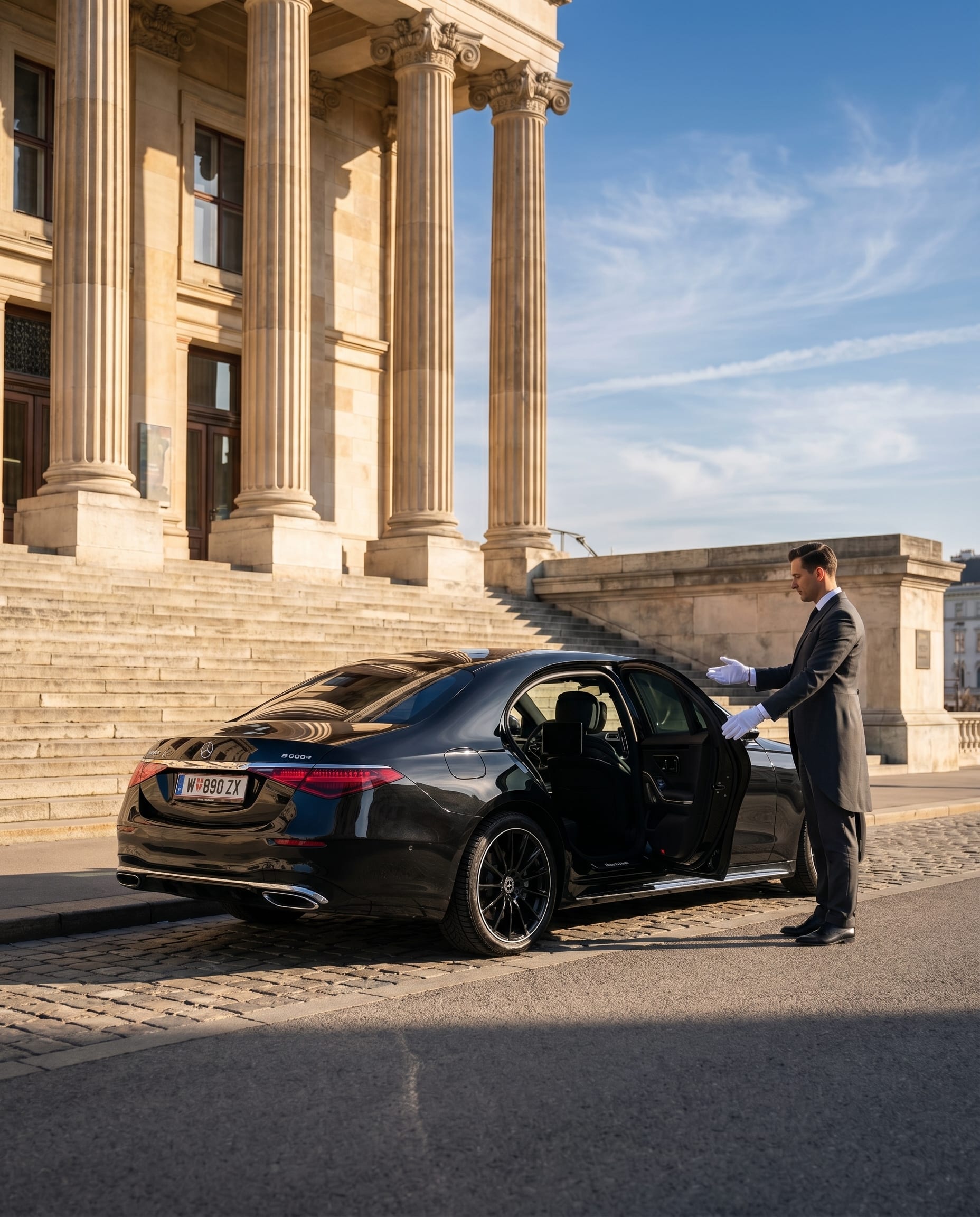 Detail des Innenraums der Mercedes S-Klasse mit weißen Handschuhen auf dem Sitz