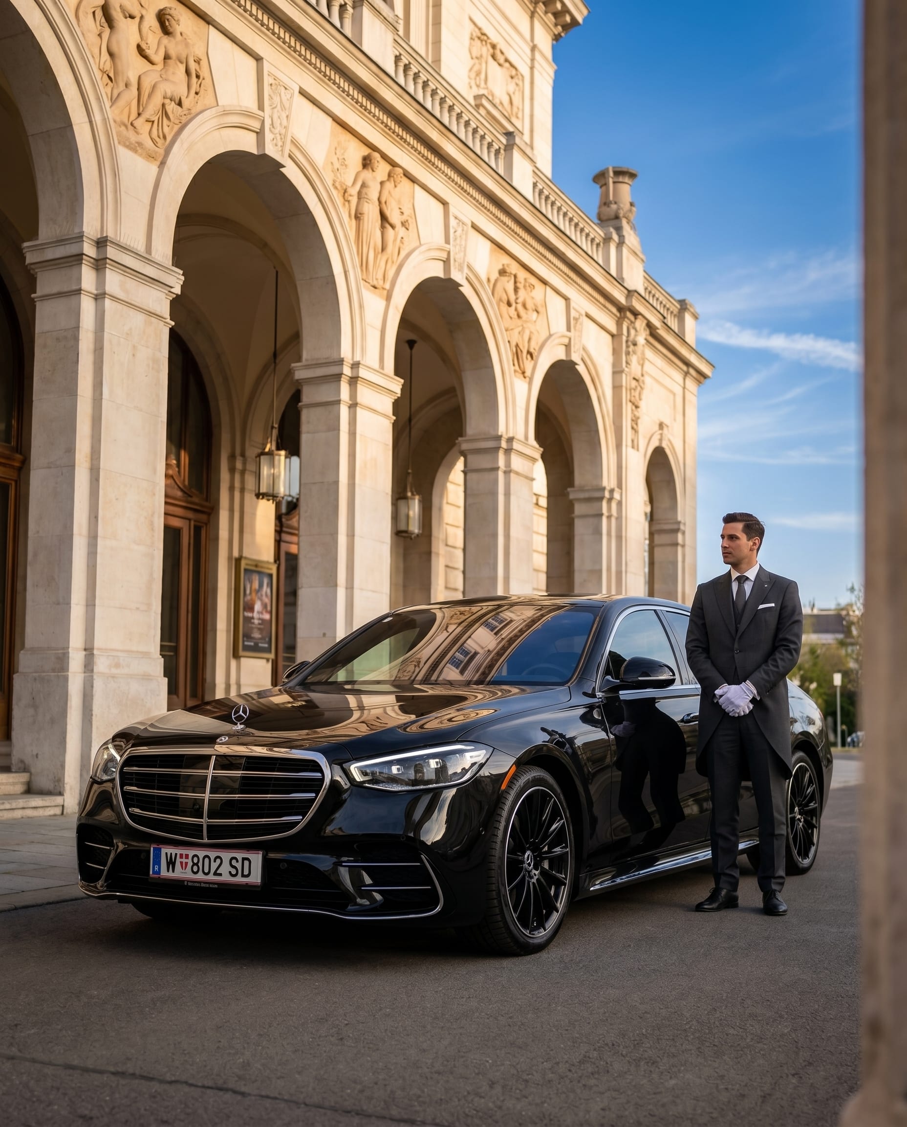 Schwarze Mercedes S-Klasse mit offener Tür vor beleuchteter Wiener Staatsoper