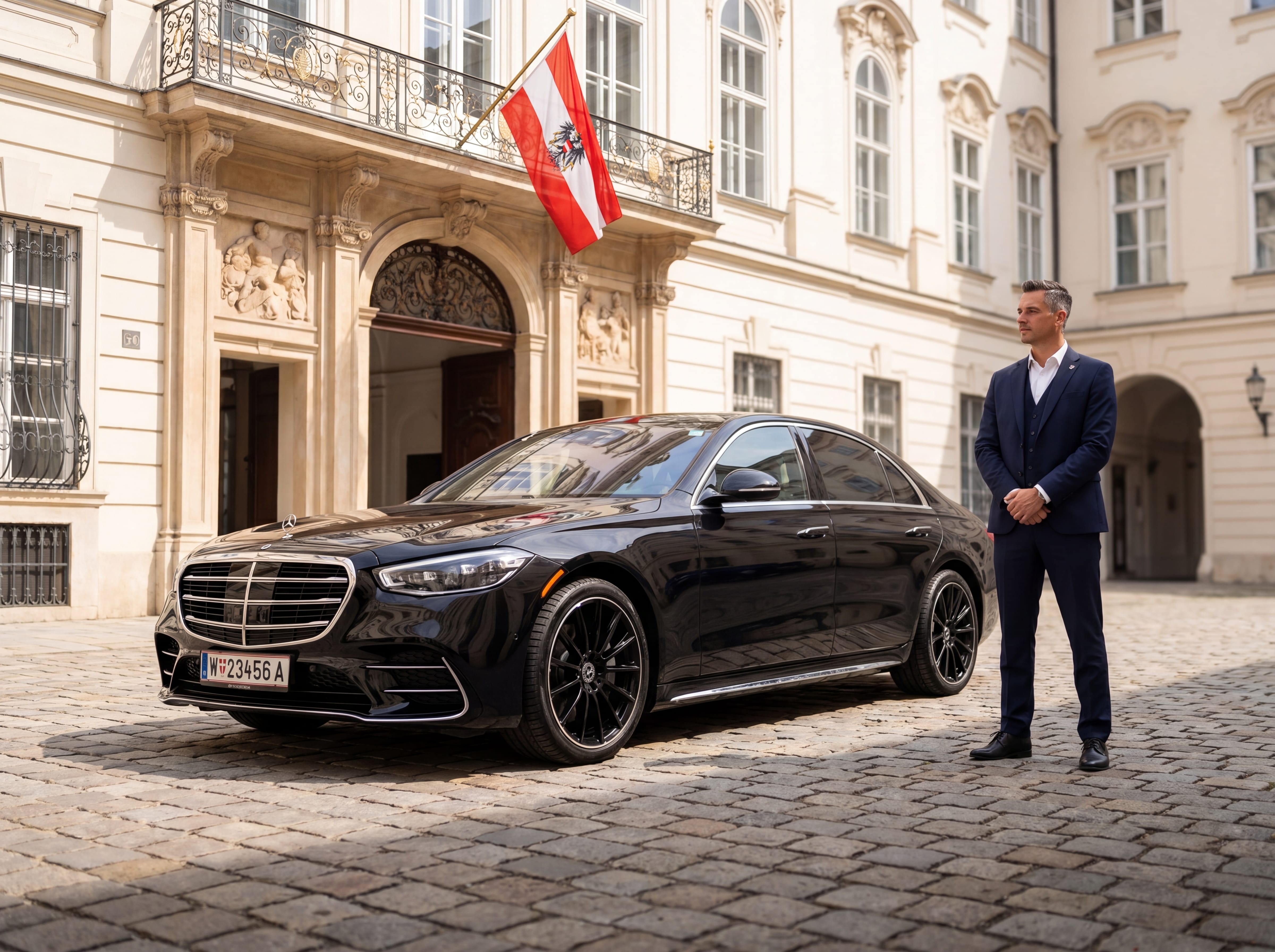 Sicherheitsfahrer in dunklem Anzug neben schwarzer Mercedes S-Klasse vor einem Wiener Stadtpalais