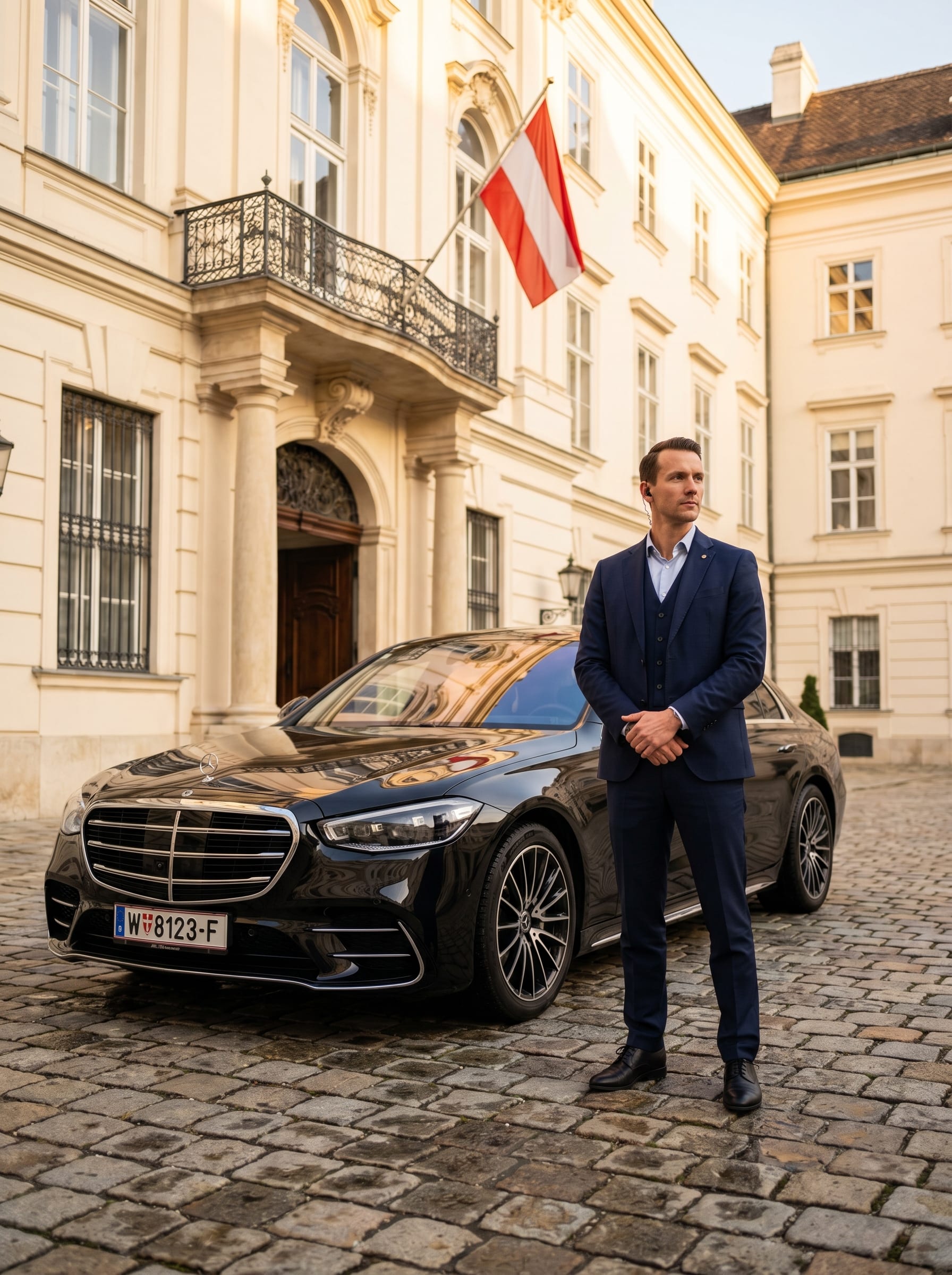 Sicherheitsfahrer in dunklem Anzug, ruhige Haltung mit gefalteten Händen, neben schwarzer Mercedes S-Klasse vor einem Wiener Stadtpalais mit Österreich-Flagge