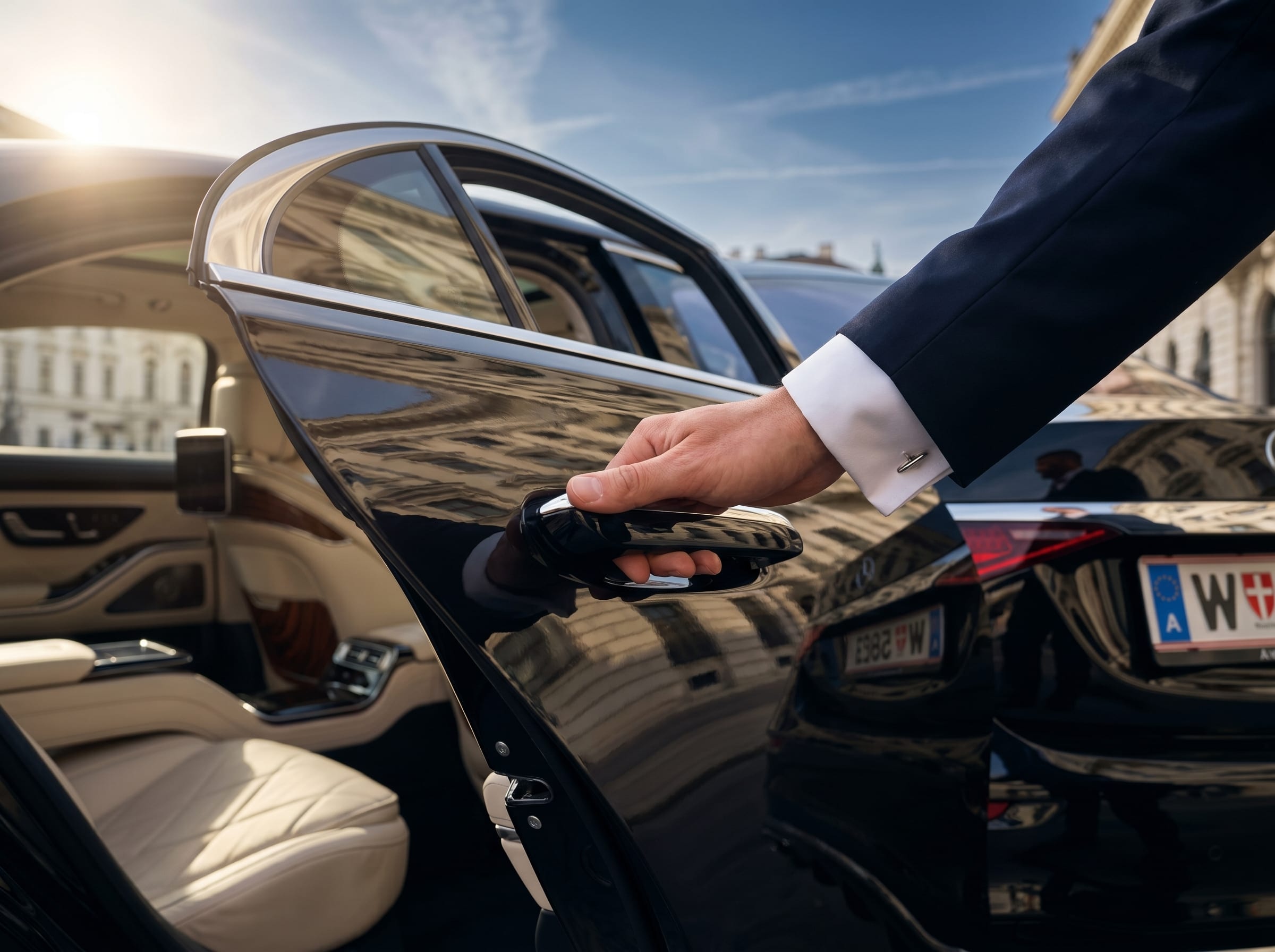 Detail der Hand des Sicherheitsfahrers an der Türklinke der Mercedes S-Klasse