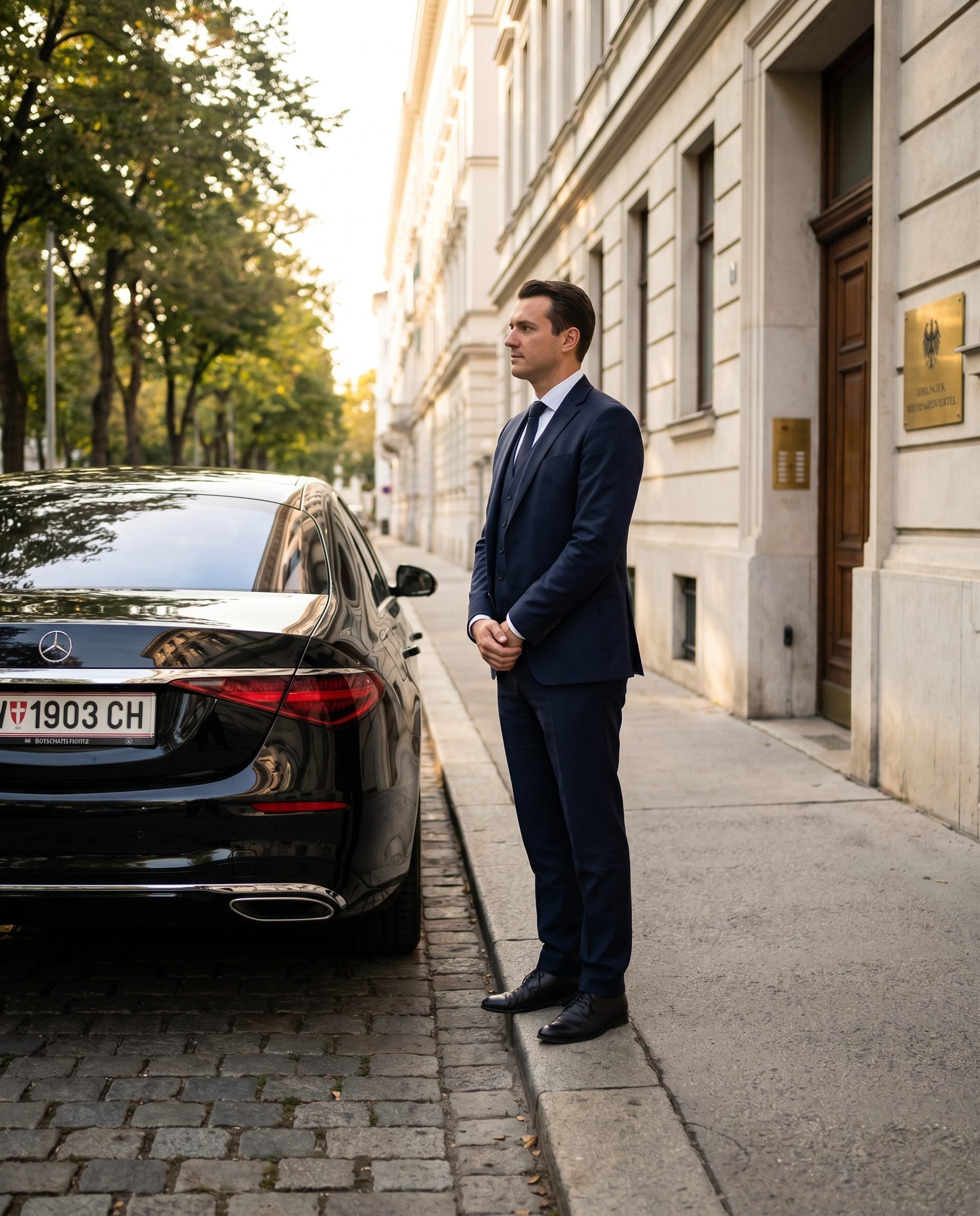 Sicherheitsfahrer mit aufmerksamem Blick neben schwarzer Mercedes S-Klasse