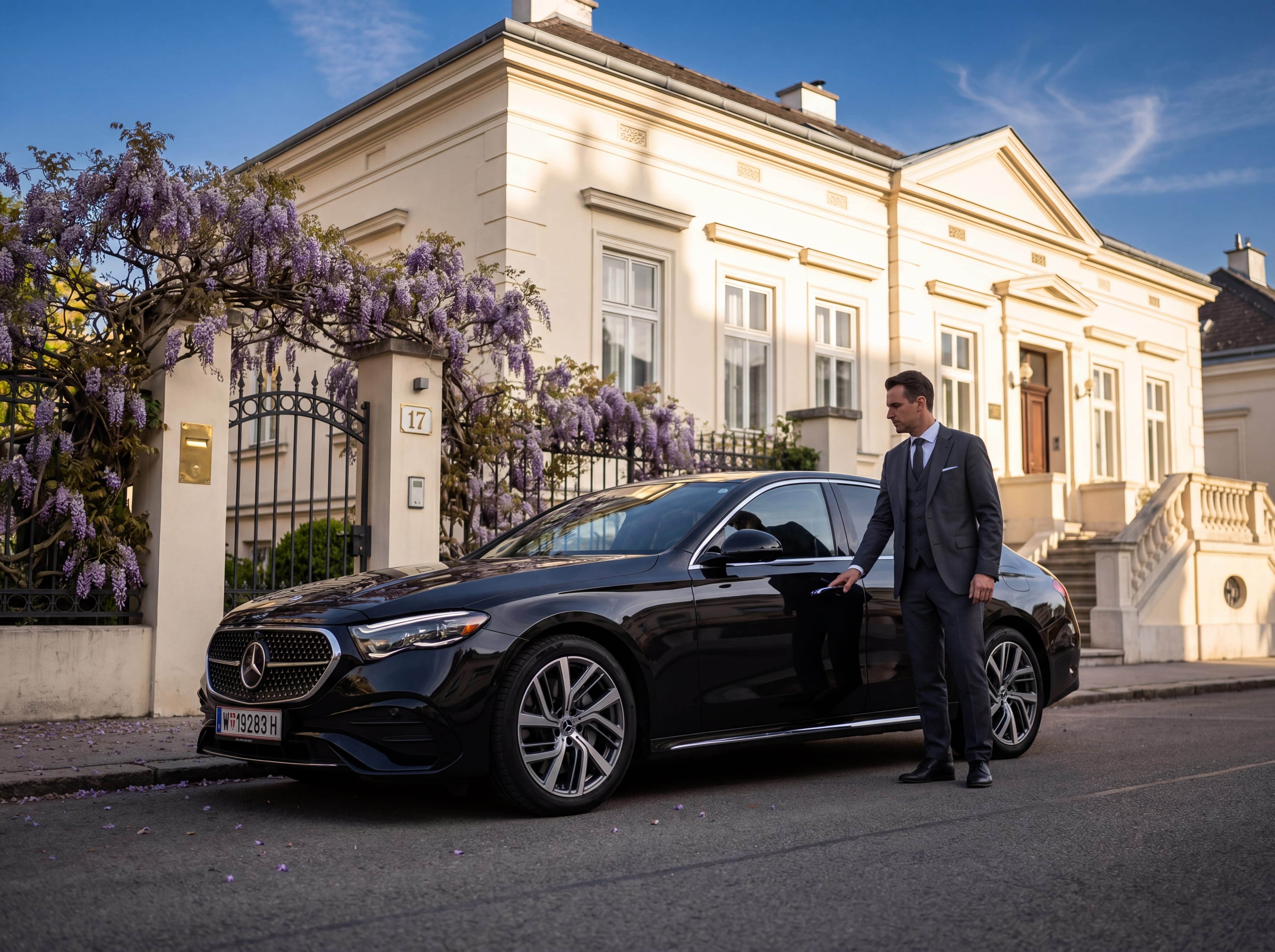 Schwarze Mercedes E-Klasse vor einer historischen Wiener Villa in der Abenddämmerung