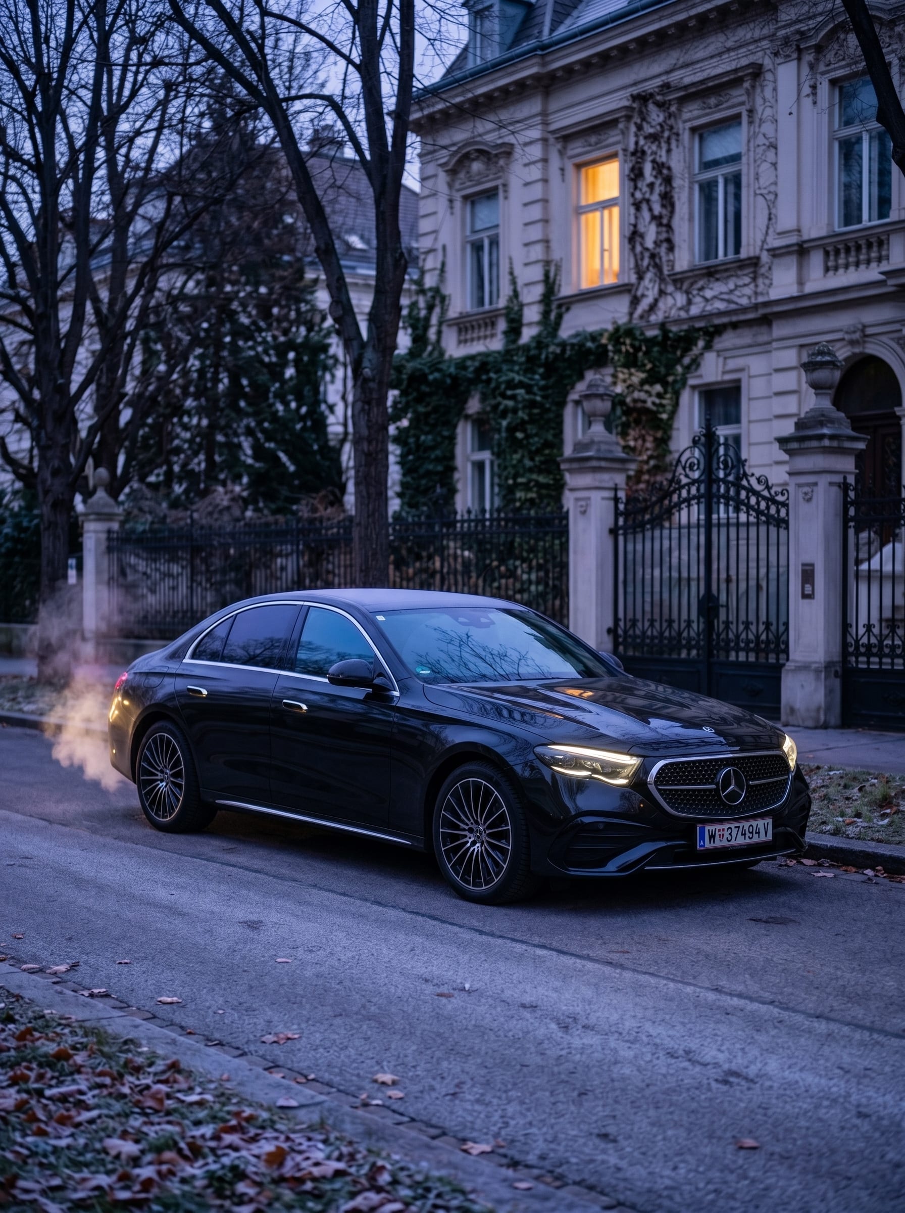 Schwarze Mercedes E-Klasse parkt in einer ruhigen Wiener Wohnstraße vor einer historischen Villa in der Abenddämmerung