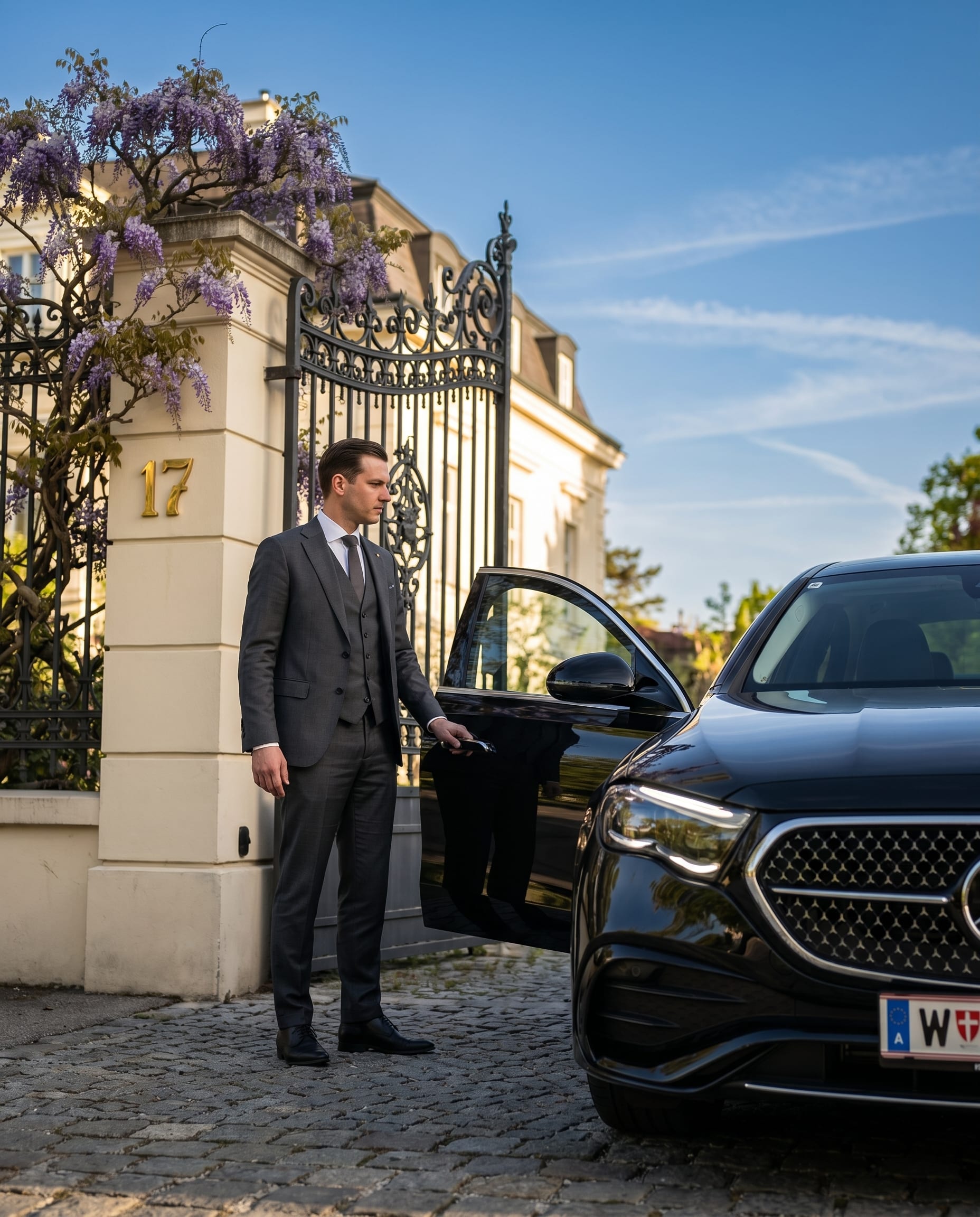 Chauffeur in dunklem Anzug öffnet die Türe einer Mercedes E-Klasse