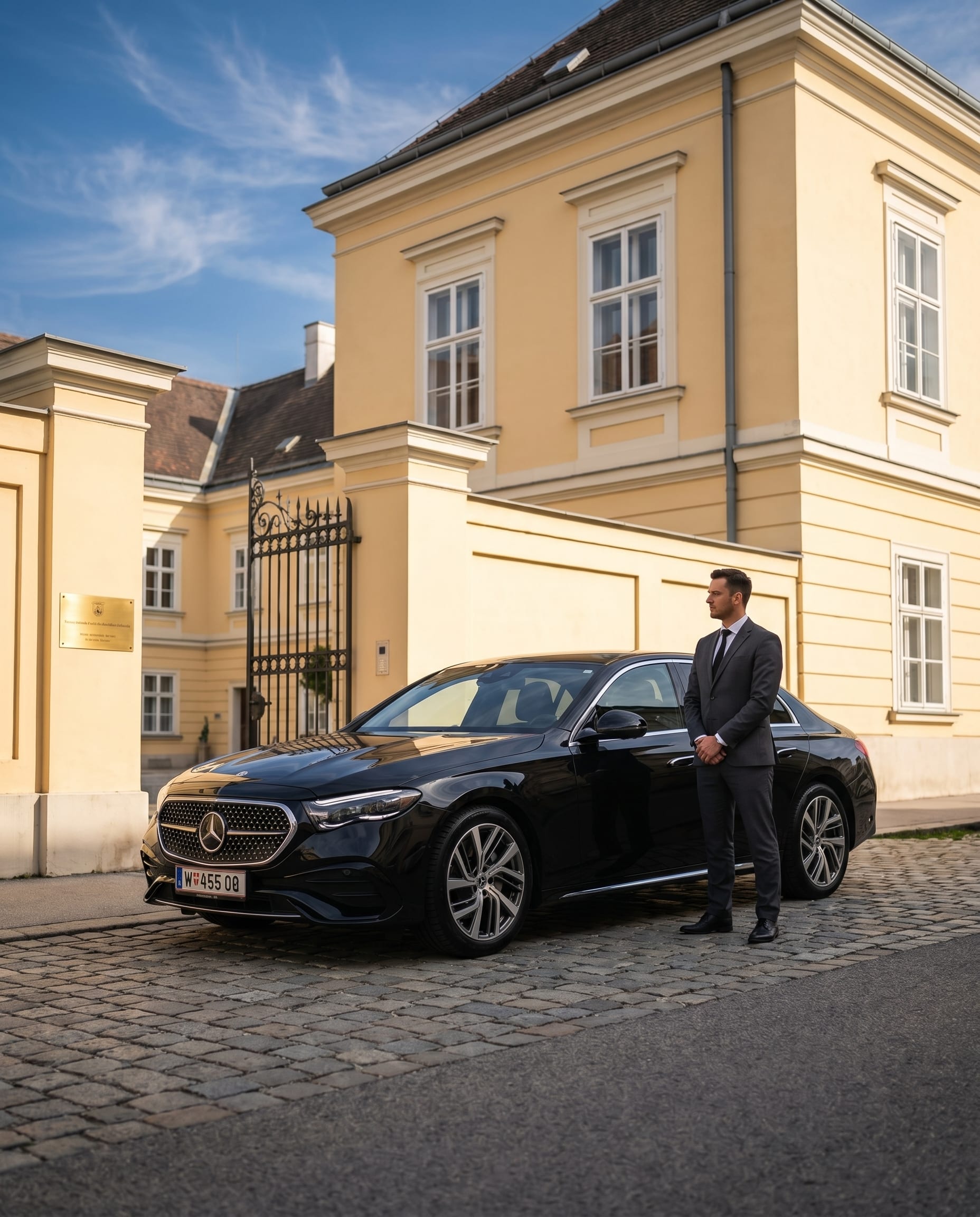 Mercedes E-Klasse vor einer Wiener Villa, Abendsonne fällt auf die Fassade