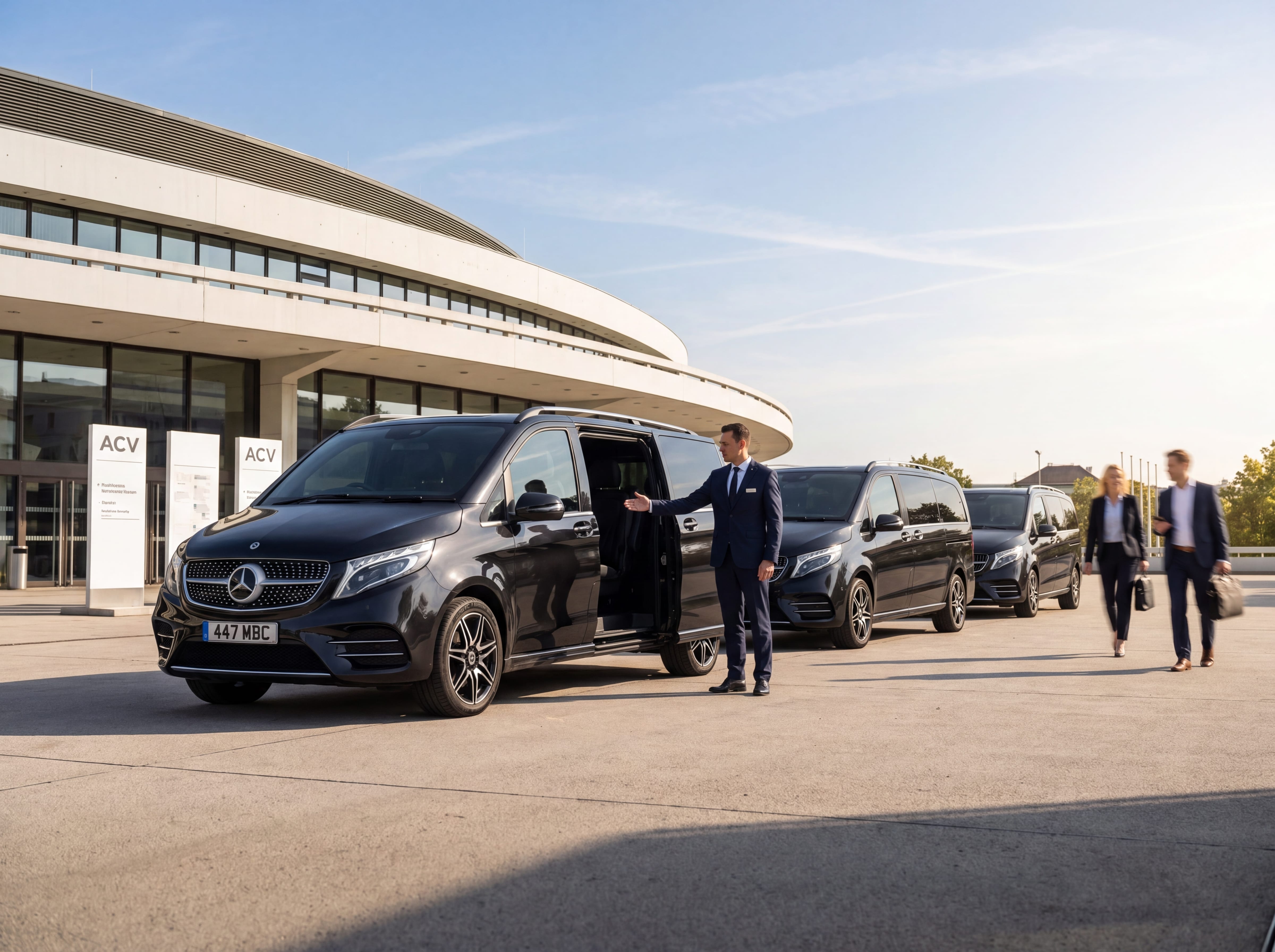 Schwarze Mercedes V-Klasse vor dem Austria Center Vienna mit Konferenz-Beschilderung