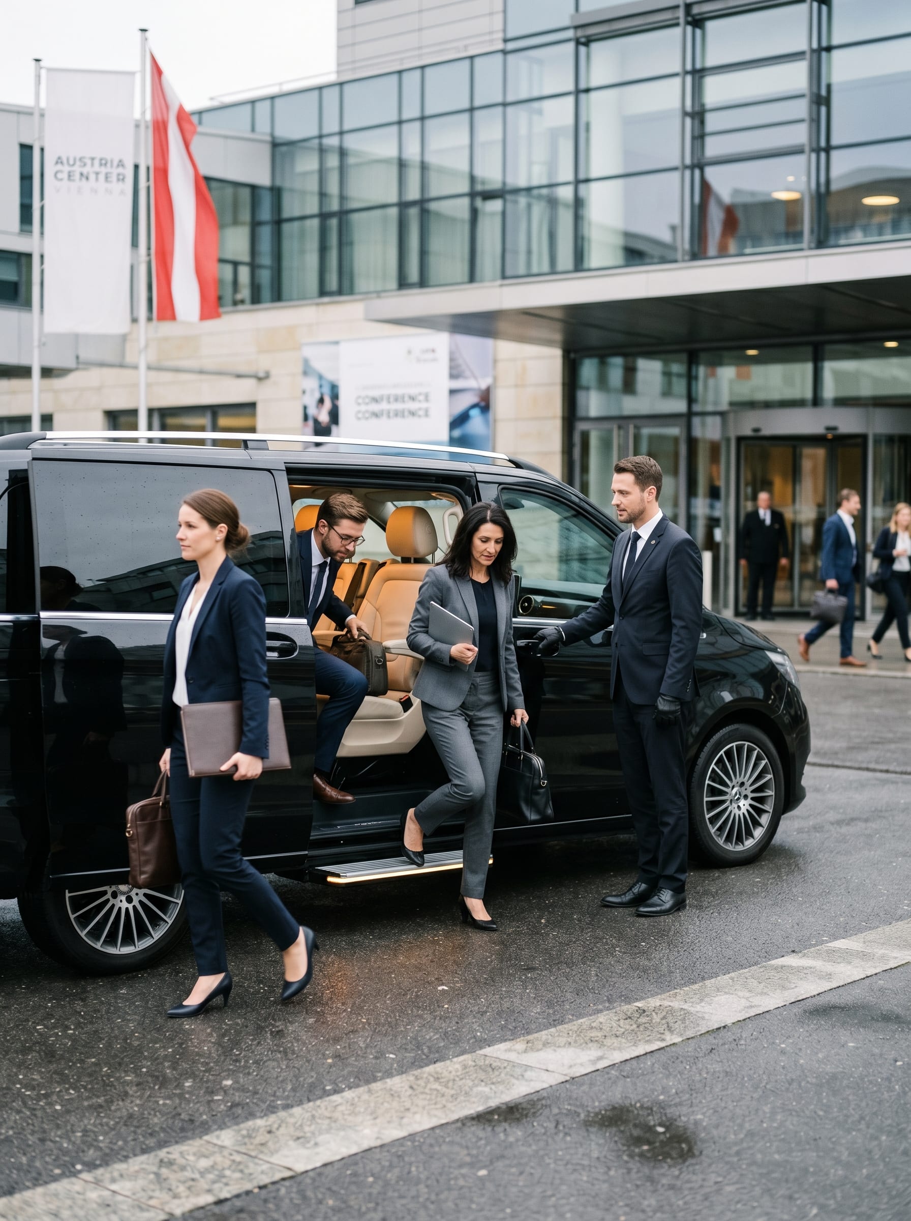 Geschäftsreisende steigen aus einer schwarzen Mercedes V-Klasse vor dem Austria Center Vienna, Konferenz-Beschilderung im Hintergrund